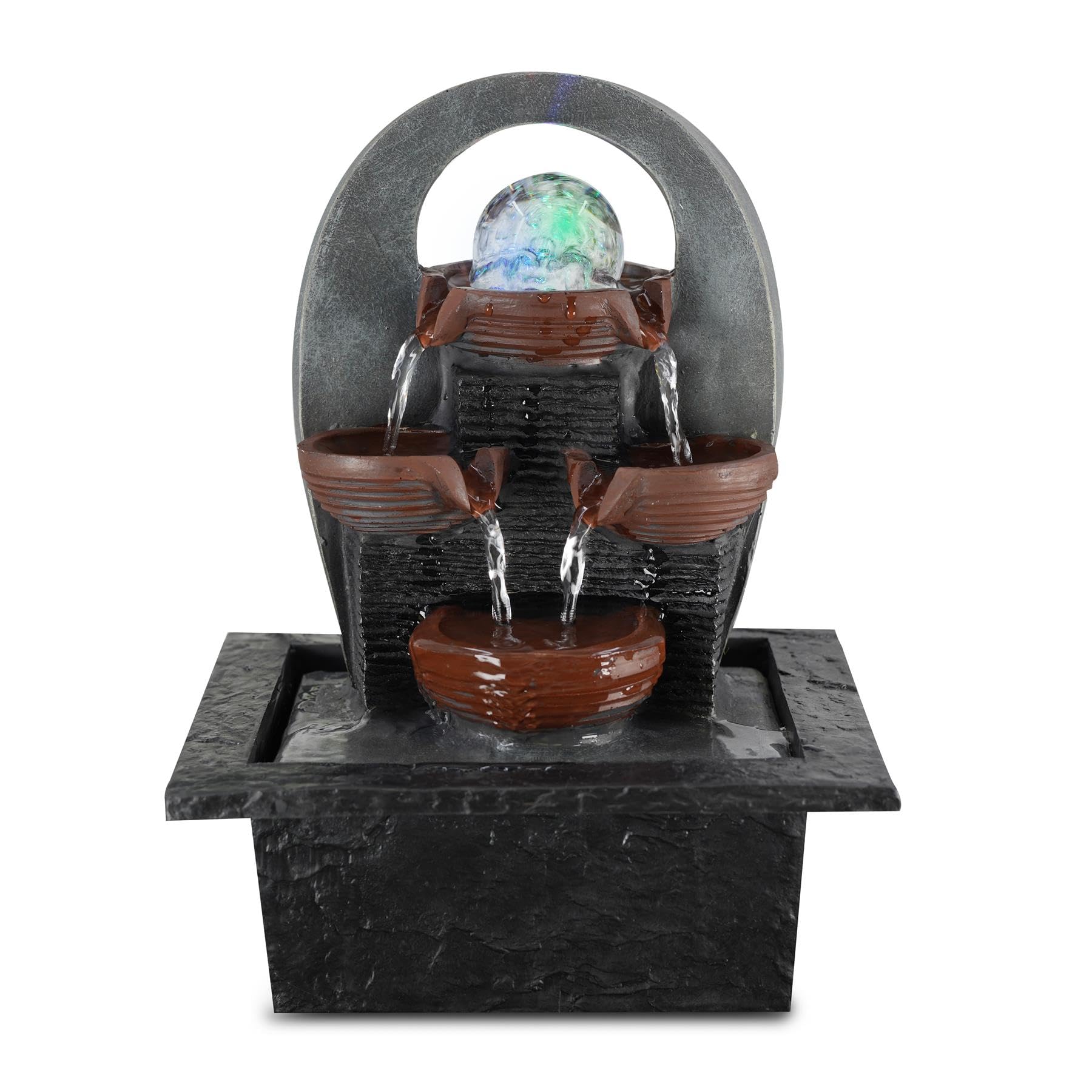 GEEZY Indoor Water Fountain - Cascading Design Water Feature with LED Lights - Mains Powered & Self-Contained, Table Top, Relaxing & Tranquil - Perfect for Home, Living Room, Office Decor