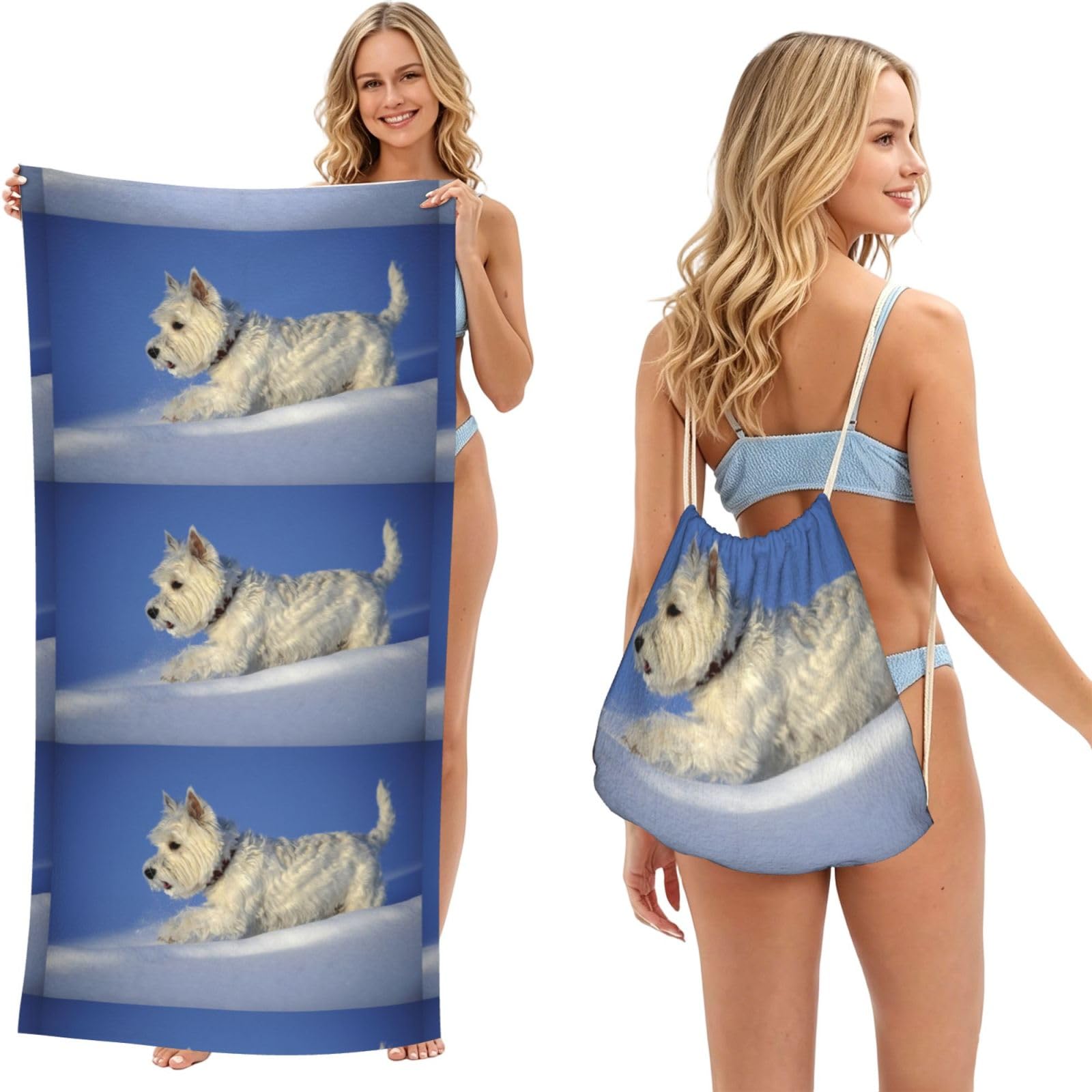 Poadnly As Picture Westie Winter West Highland White Terrier Dogs, 2 In 1 Packable Towel Bag, Beach Towels With Drawstring Backpack For Travel Holiday Camping