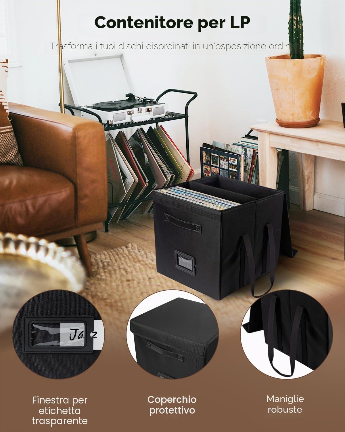 Uniclife Scatola per Immagazzinare Vinili, Organizzatore Collassabile per LP con Coperchio e Maniglie, Cassa Impermeabile alle Gocce per Album per 120 Vinili Singoli, 33 × 33 × 33 cm
