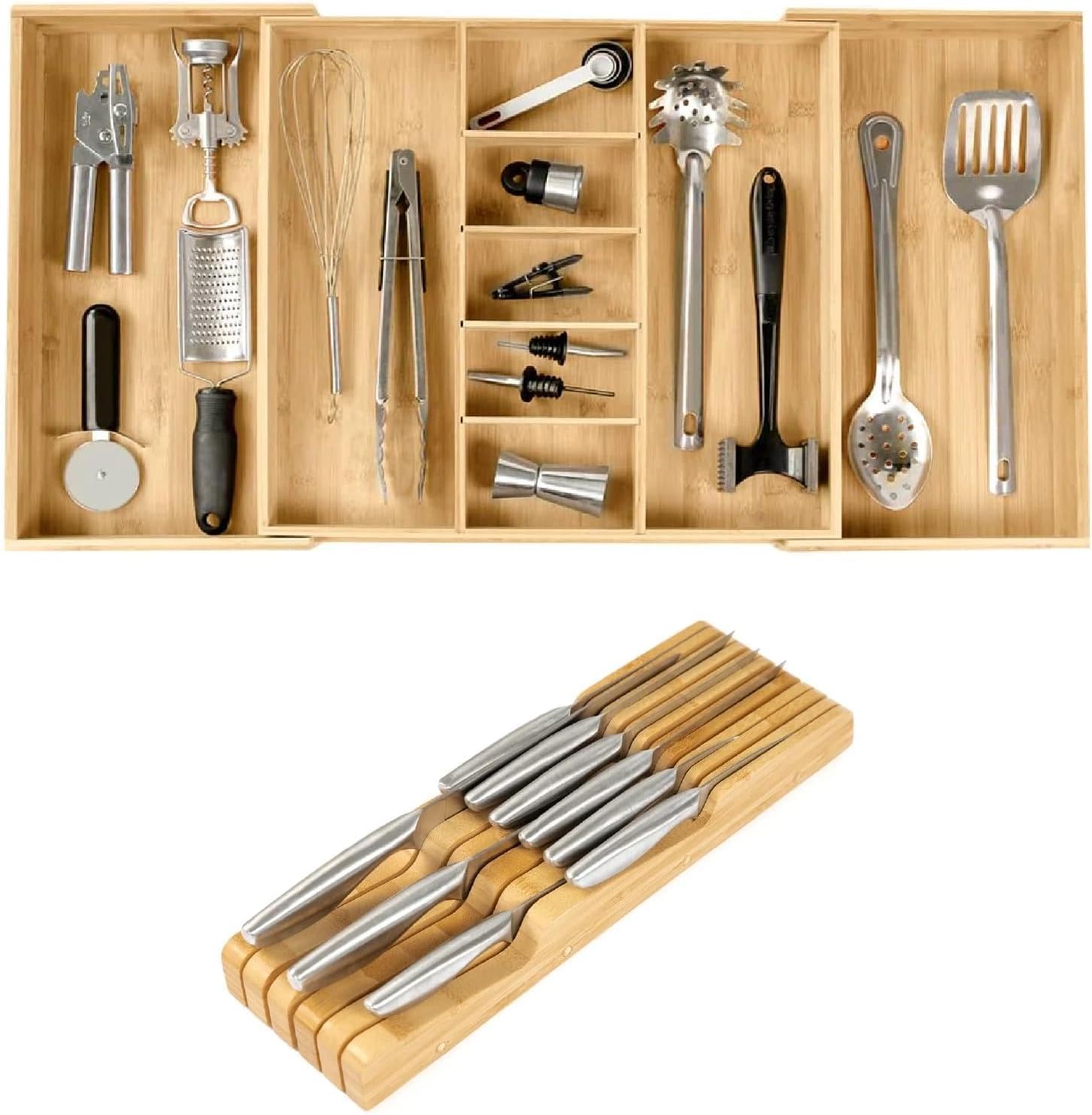 KitchenEdge Bamboo Kitchen Knife Block Holder Organizer and Adjustable Kitchen Drawer Organizer for Utensils and Junk - Expandable from 18.5 to 33 In Bundle