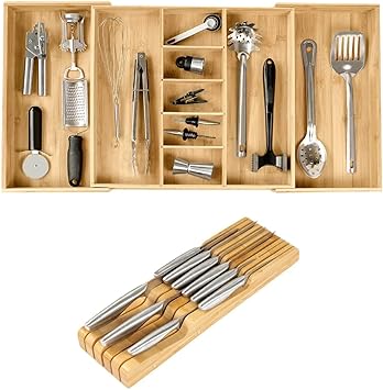 KitchenEdge Bamboo Kitchen Knife Block Holder Organizer and Adjustable Kitchen Drawer Organizer
