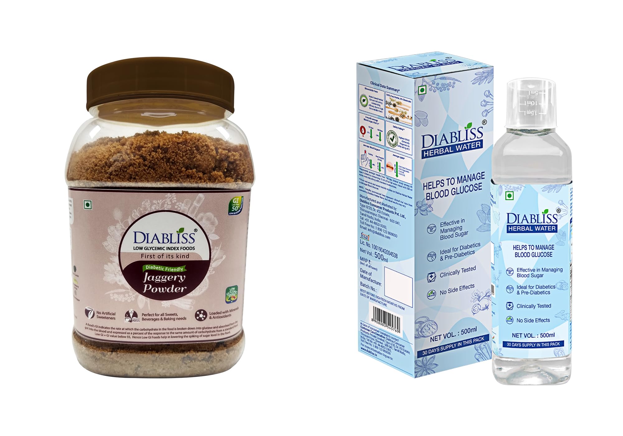 Diabliss Diabetic Friendly Herbal Jaggery Powder - Low Glycemic Index (GI) (JAG 750G + Glucose Water 500ML)