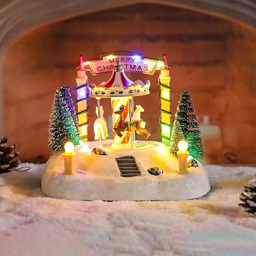 Miniatura 6 de Bdor Decoración de mesa de carrusel de Navidad  Merry-Go-Round musical iluminado con renos y árboles  Escena de Navidad a pilas  Centro de mesa de