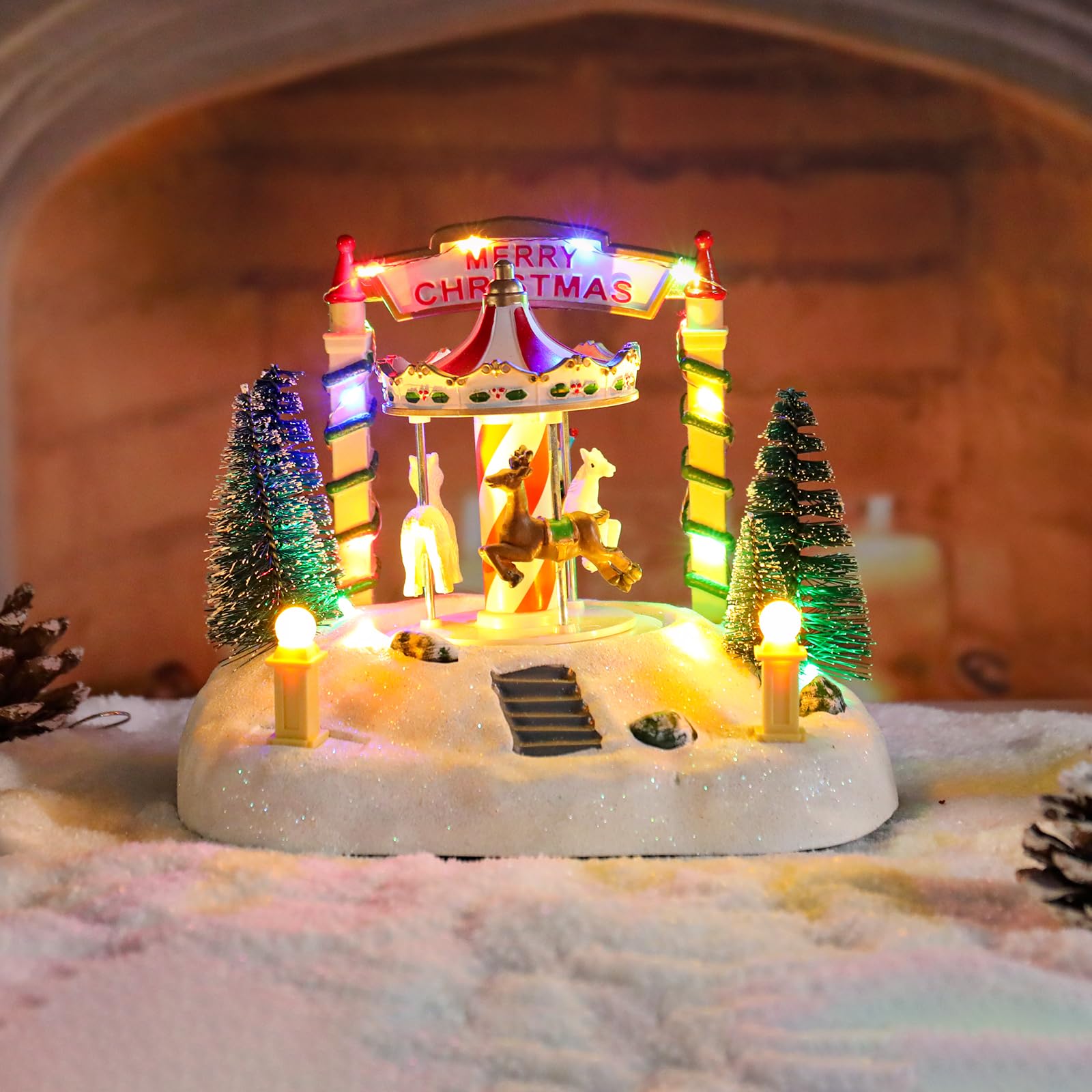 Bdor Decoración de mesa de carrusel de Navidad – Merry-Go-round musical iluminado con renos y árboles – Escena navideña que funciona con pilas – 7.5 x 5.5 x 6 pulgadas, centro de mesa festivo con