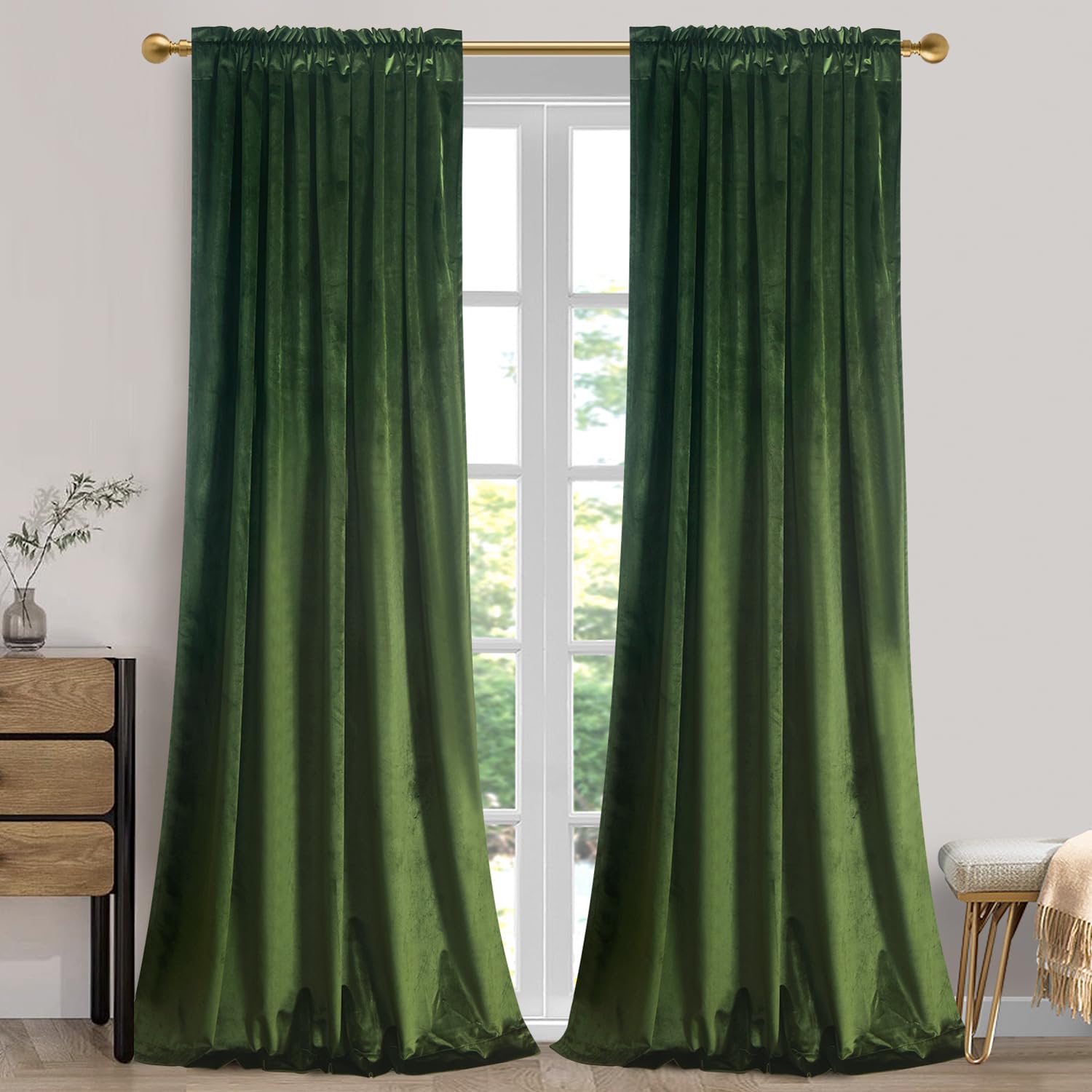 Roslynwood, Moss Green Velvet Blackout Curtains Window Treatments Super Soft Luxury Curtains Bedroom Thermal Insulated Rod Pocket for Living Room (2 Panels, 52x120 inch) — image 1