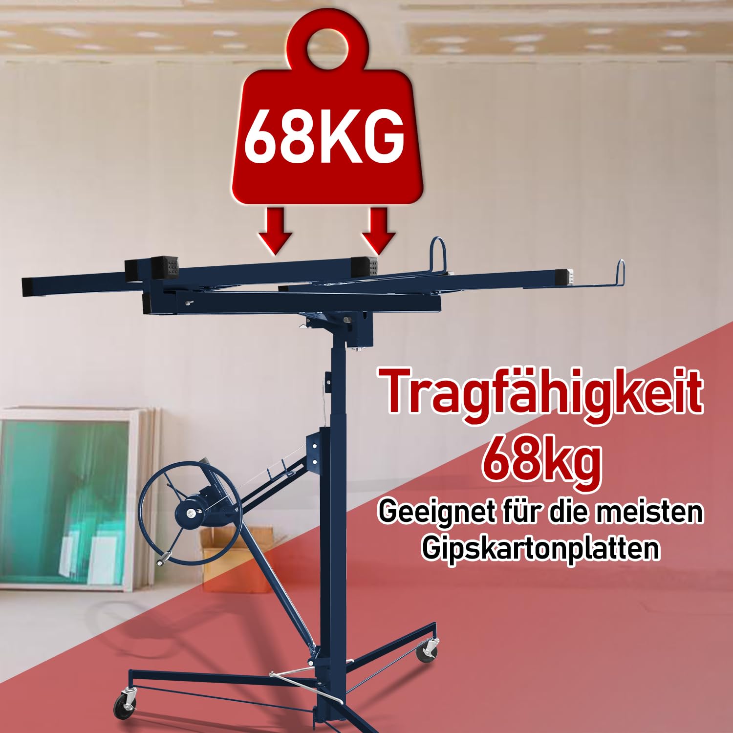 Herrselsam Składany podnośnik do płyt XXL, 140 cm-350 cm, wysokość robocza z regulacją wysokości, nośność maks. 290 cm, szerokość ramienia do płyt rigipowych (niebieski)