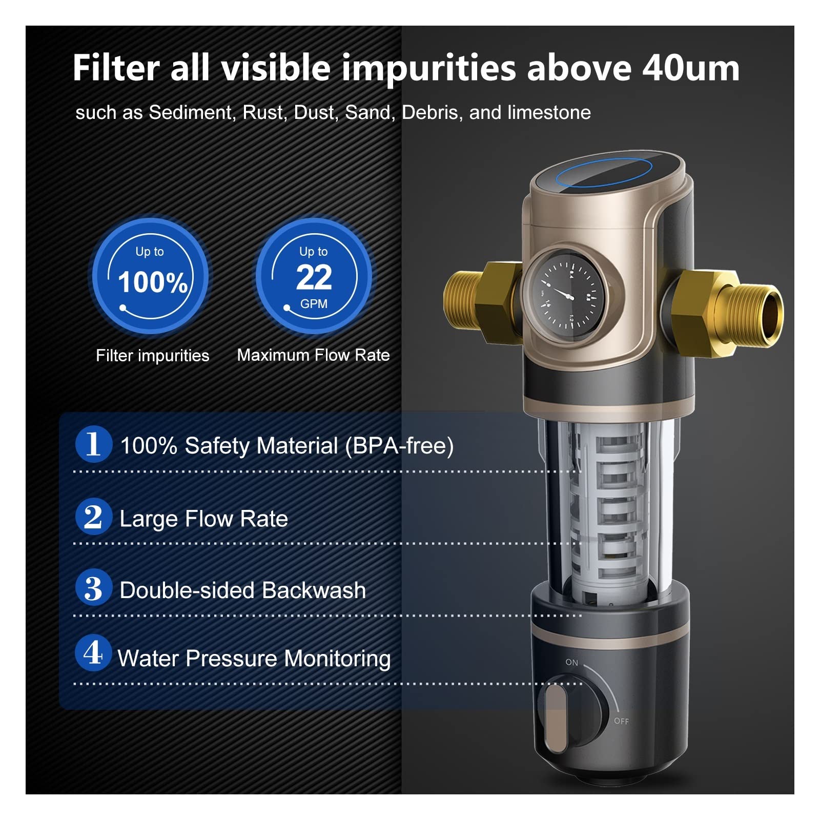 PRE-4 Prefiltro de retrolavado for toda la casa Filtro de agua de sedimentos giratorio Purificador de prefiltro central 4.5T / h + Indicador de agua Sistema de filtro de agua