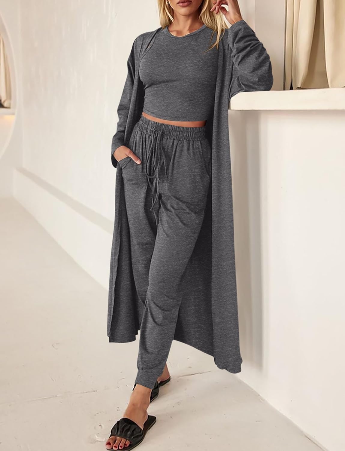 KIRUNDO 3 Piece Lounge Sets for Women Airport Travel Vacation Outfits Spring Cardigan Matching Sleeveless Top Jogger Pants - Image 4