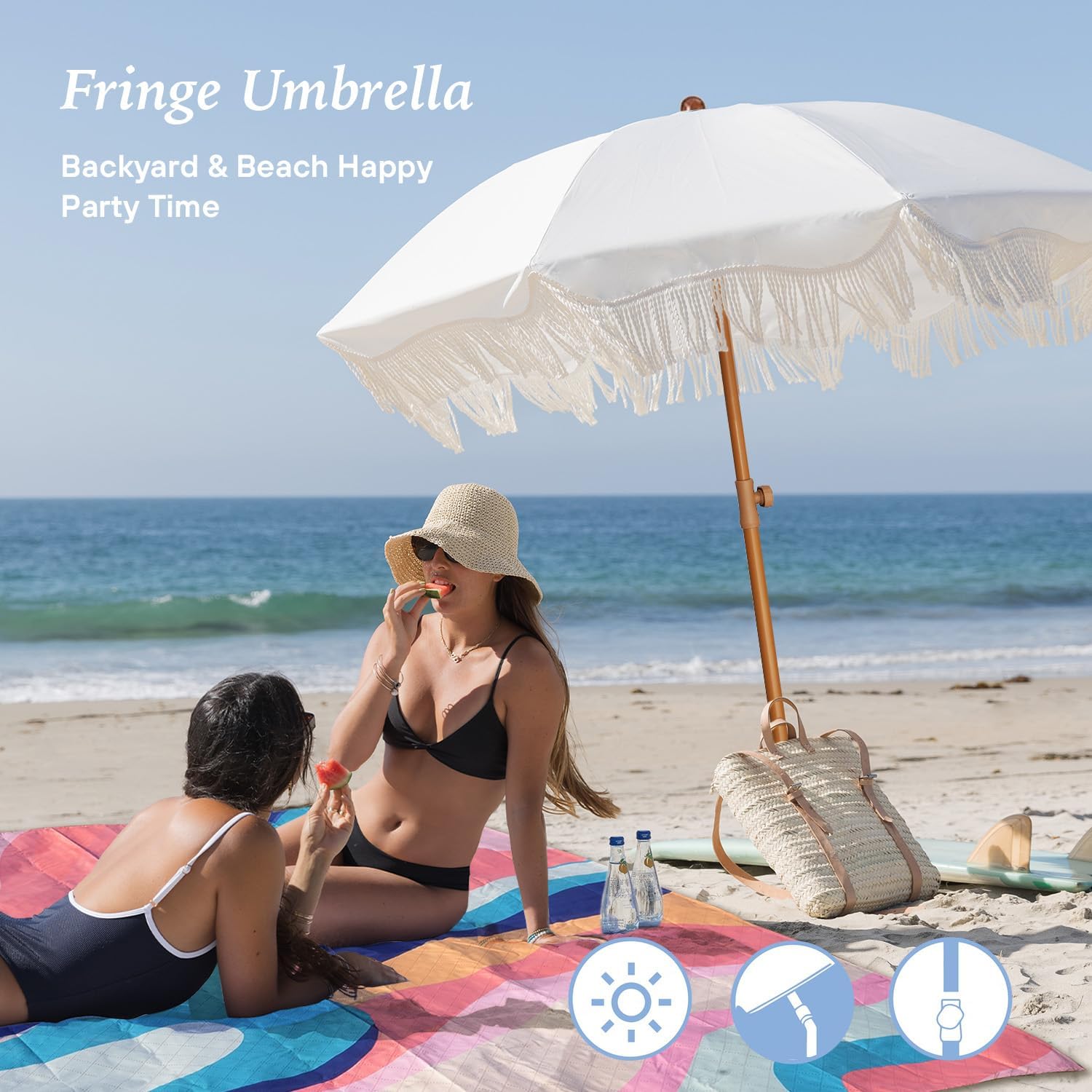 AMMSUN Boho Fringe Umbrella with Beach Blanket, 6.5ft UPF50+ Picnic Umbrella with Tassels with Steel Pole & Push Button Tilt, Antique White