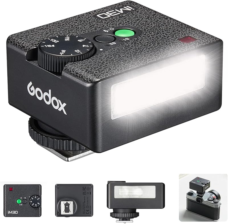 GODOX Mini Flash iM30, Mini Flash IM 30 Godox, 6500K±200K GN15, 230 Flashes de Potencia Completa, Control óptico S1/S2, 7 Niveles de Potencia, para cámaras Canon Nikon Sony Fuji Olympus Ricoh con Zapata de Contacto único