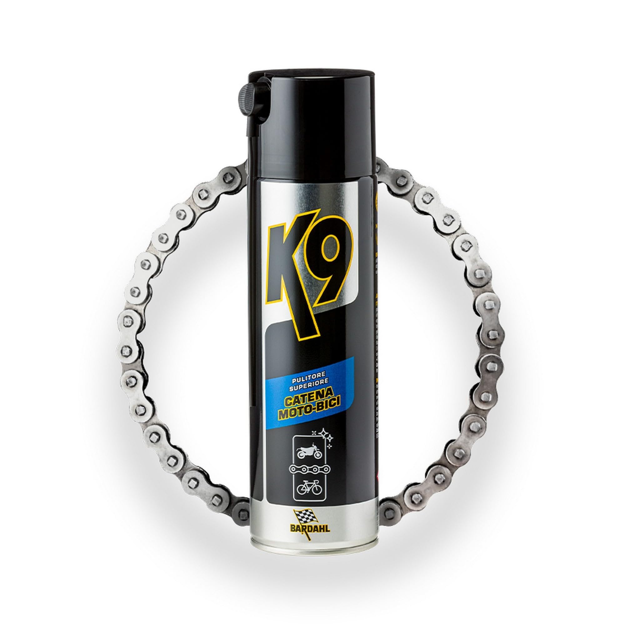 Bardahl K9 - Pulitore Superiore Catena Moto-Bici, Rimuove Morchie, Grasso, Olio e Sporco, Detergente Spray per Catena e Forcellone Moto e Bici, con Formula Anti Usura, 500 ml