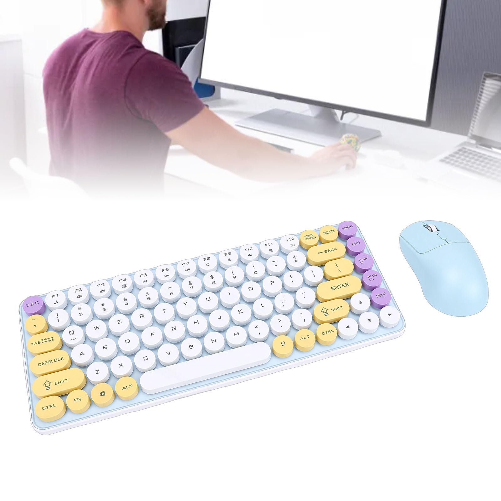 Luocute Set Tastiera e Mouse Wireless, 2.4G 2 modalità Retro Rotondi 85 Tasti con Copritasti Rotondi Rimovibili e Inclinazione di 9 Gradi per Computer PC