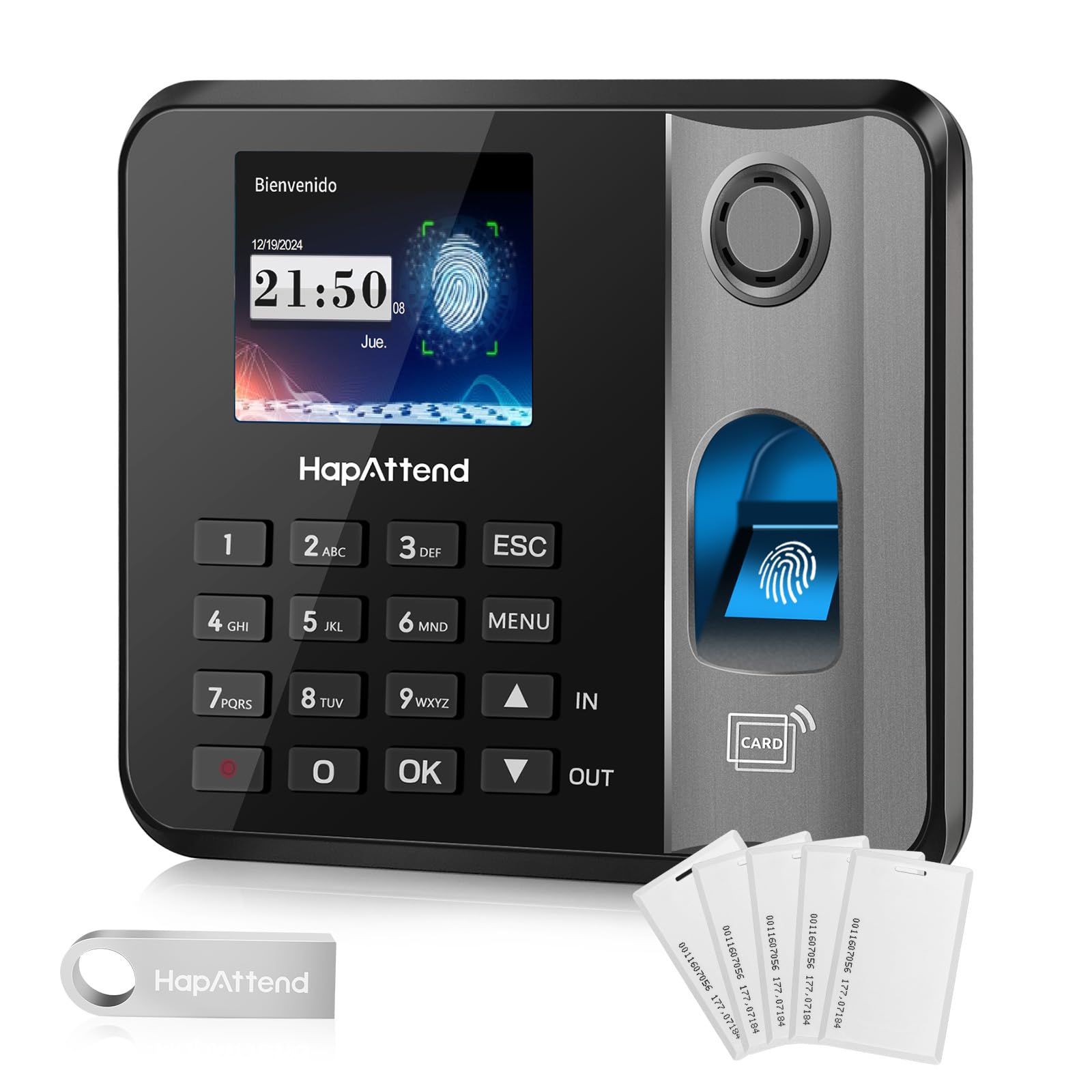 Control horario empleados, Español Reloj de fichar con Huella Dactilar, RFID Tarjetas, H1 Maquina de fichar empleados de hasta 3000 usuarios sin conexión Internet Negro Escáner