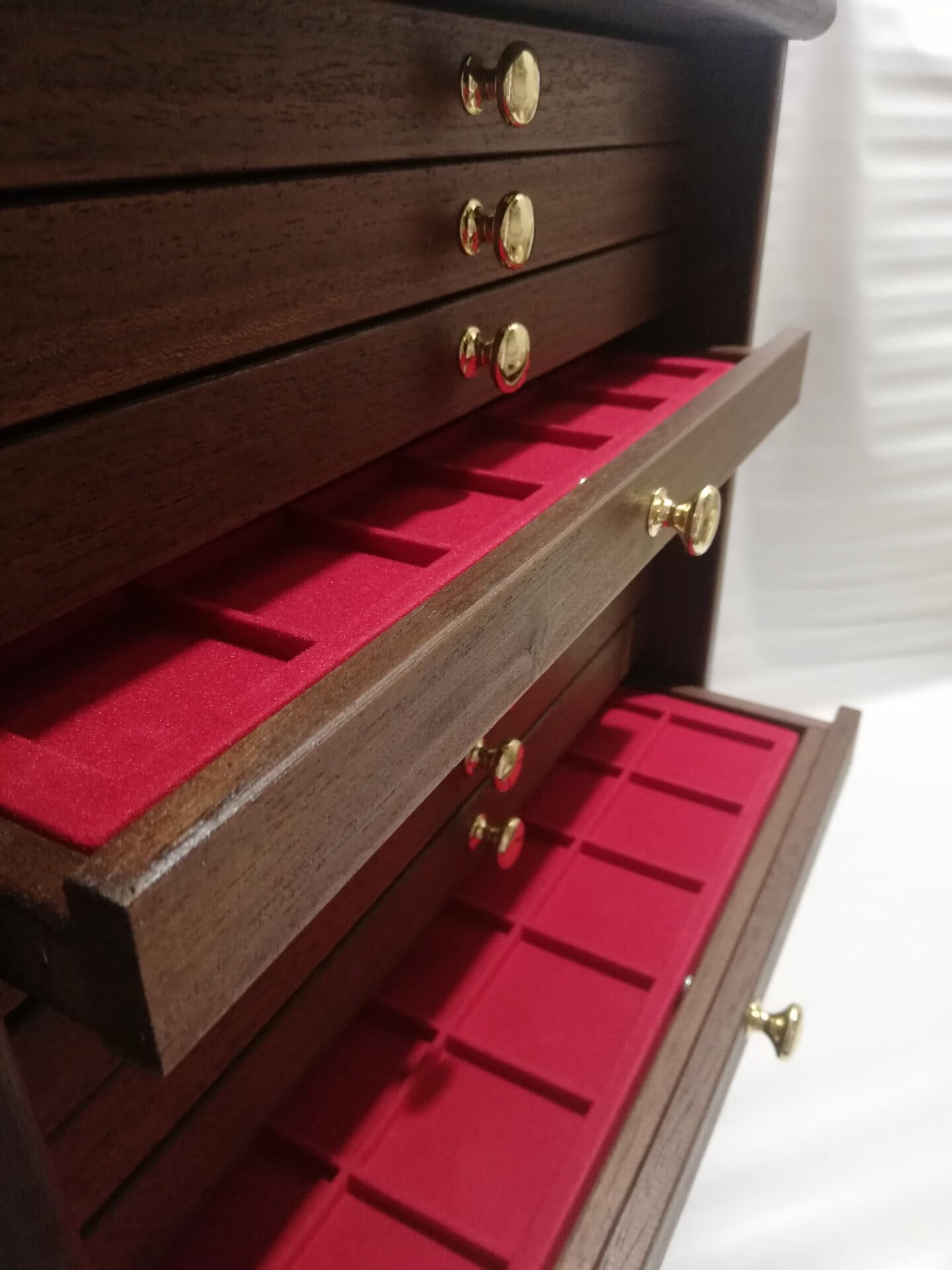 Médaillier en Bois Artisanal 15 Tiroirs avec Plateaux Floqués pour Pièces et Médailles, Rangement Numismatique, Fabriqué en Italie
