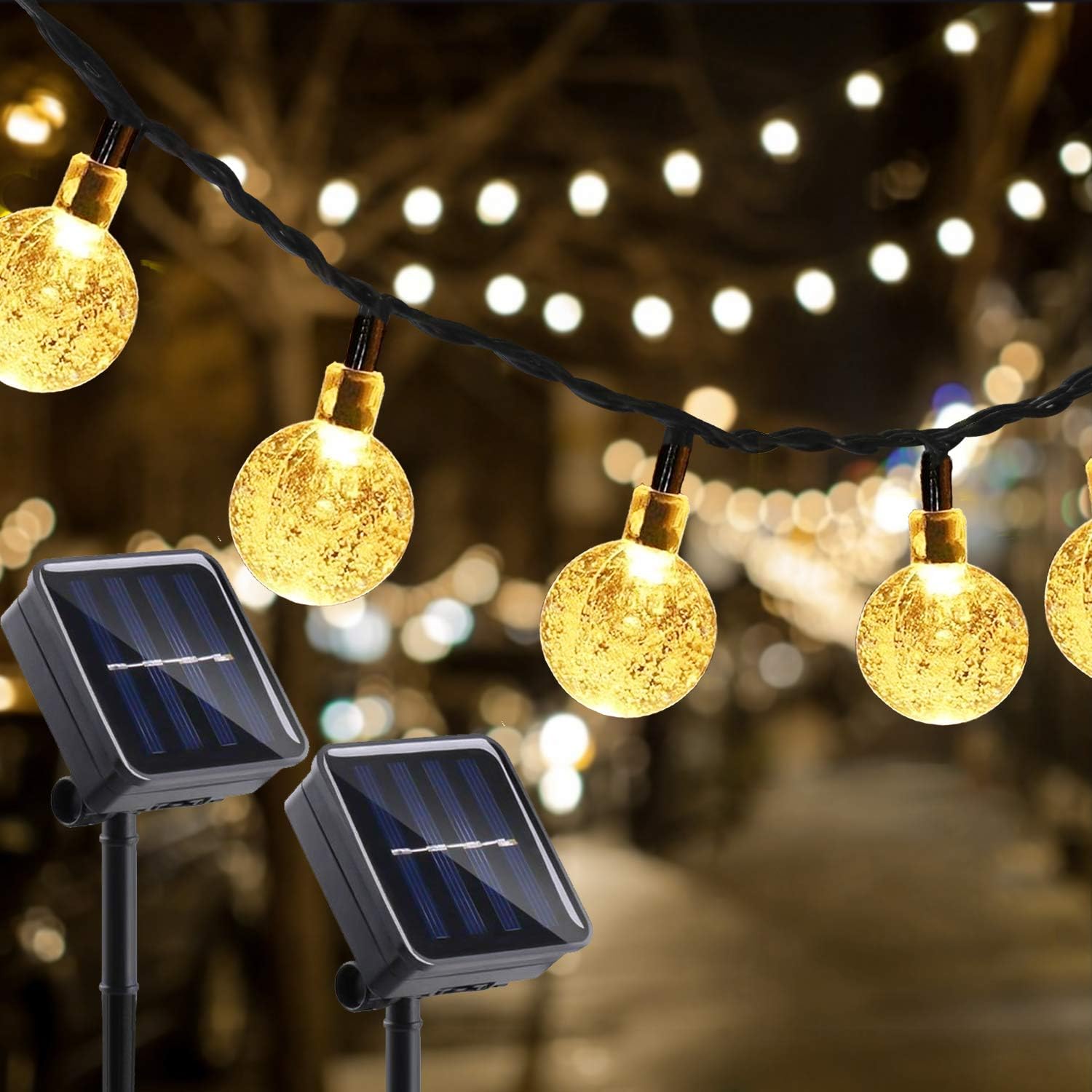 KNONEW 2-Pack Each 21ft 30 LED Solar Lights, 8 Modes Outdoor Waterproof Green Wire Globe Ball String Fairy Twinkle Solar Lights for Porch Patio Yard Tree Party Christmas Decorations (Warm White)