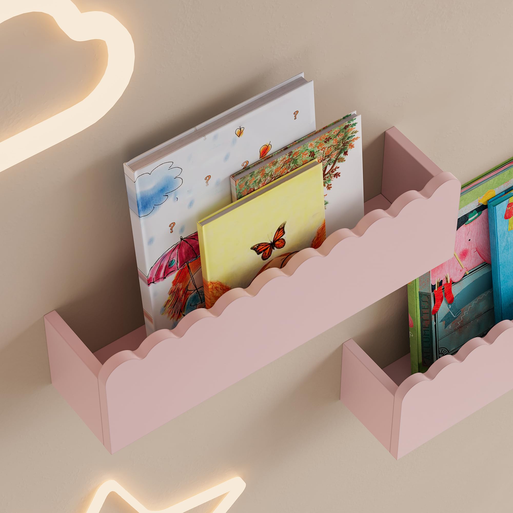 [en.casa] Set de 2 Estantes Flotantes Infantil Vestnes Baldas de Pared con Borde Elevado y Ondulado Librería Dormitorio para Niños Habitación Infantil 40 x 9,5 x 10 cm Rosa - Algodón de azúcar
