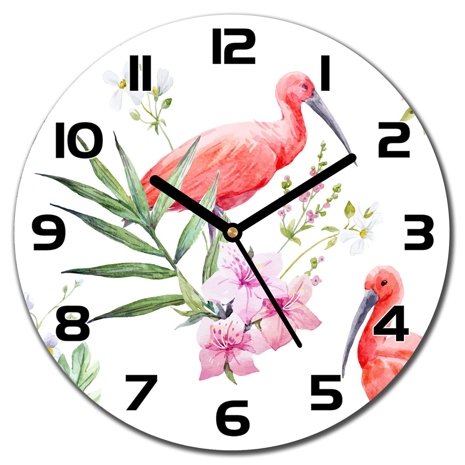 Horloge en verre Coloray 30 cm cuisine et salon avec aiguilles noires motif flamant