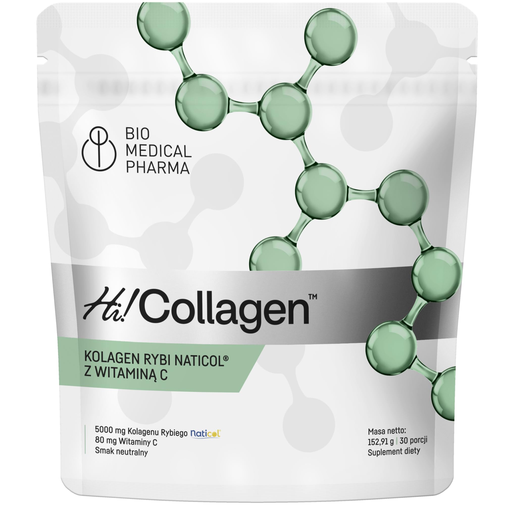 Kolagen morski hydrolizowany w proszku z witaminą C – Naticol 5000 mg, peptydy 2000 Dalton – Typ I i III – Czysty, bez smaku – Hi Collagen (30 porcji, 1 miesiąc)