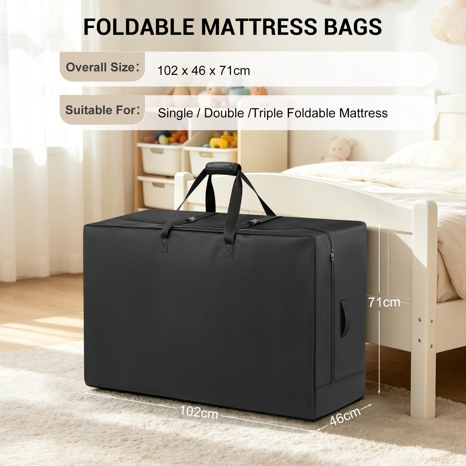 Sacs de matelas pliables, sacs de couvre-matelas triples pliables, sac de transport en tissu Oxford 420D imperméable pour matelas triples pliables (matelas non inclus) (102 cm x 46 cm x 71 cm)