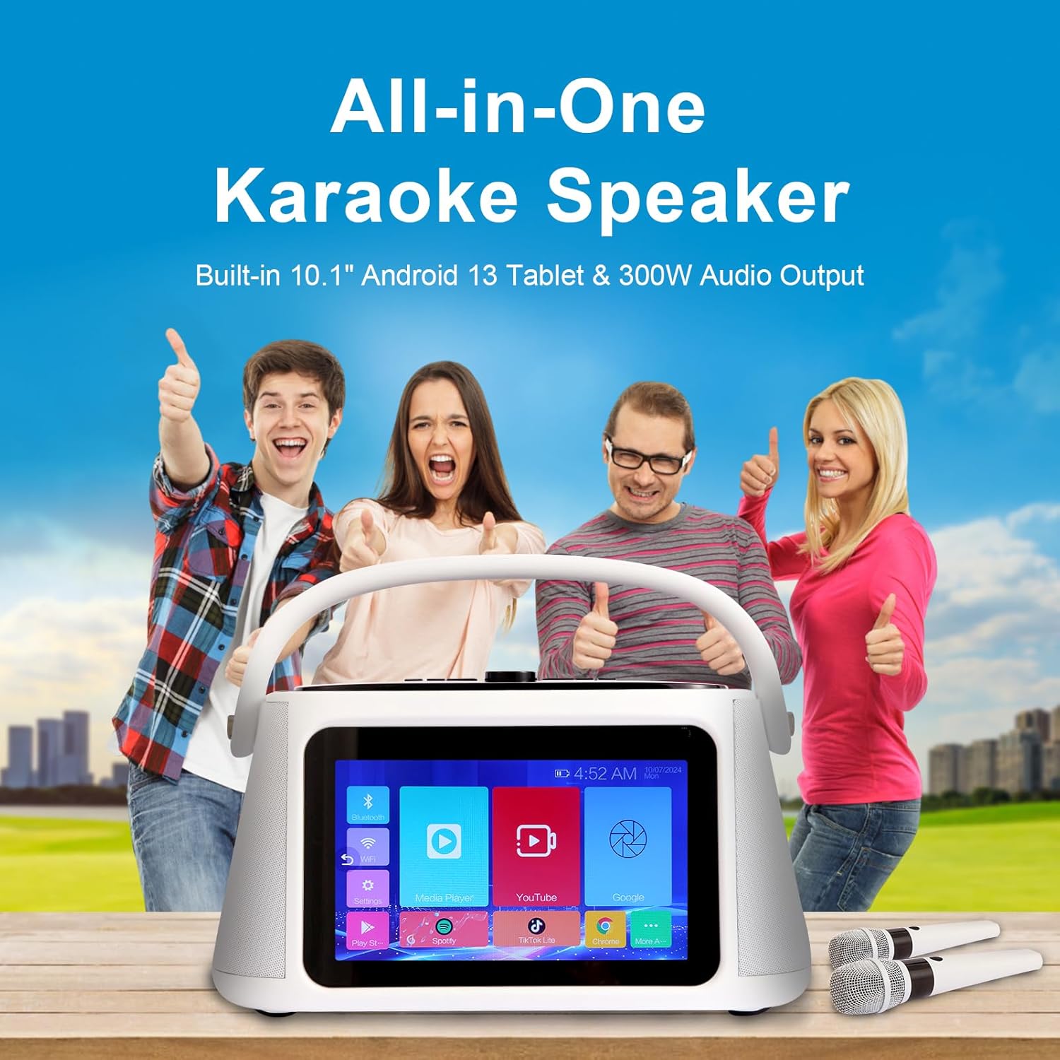 Play P10 Karaoke Machine with 32GB Android Tablet, Smart Portable Karaoke Speaker with 10.1" Lyrics Touch Display and 300W Peak Power, 2 Wireless Mics, Professional Party Speaker for Gatherings