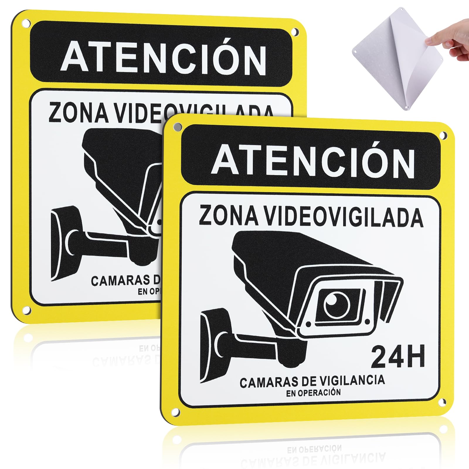 2 Piezas Cartel Videovigilancia de Aluminio Reflectante 15x15cm, Señal Adhesiva Videovigilancia, Cartel Zona Videovigilada, Grosor 0.8 mm, con Autoadhesivo y Agujeros Pretaladrados