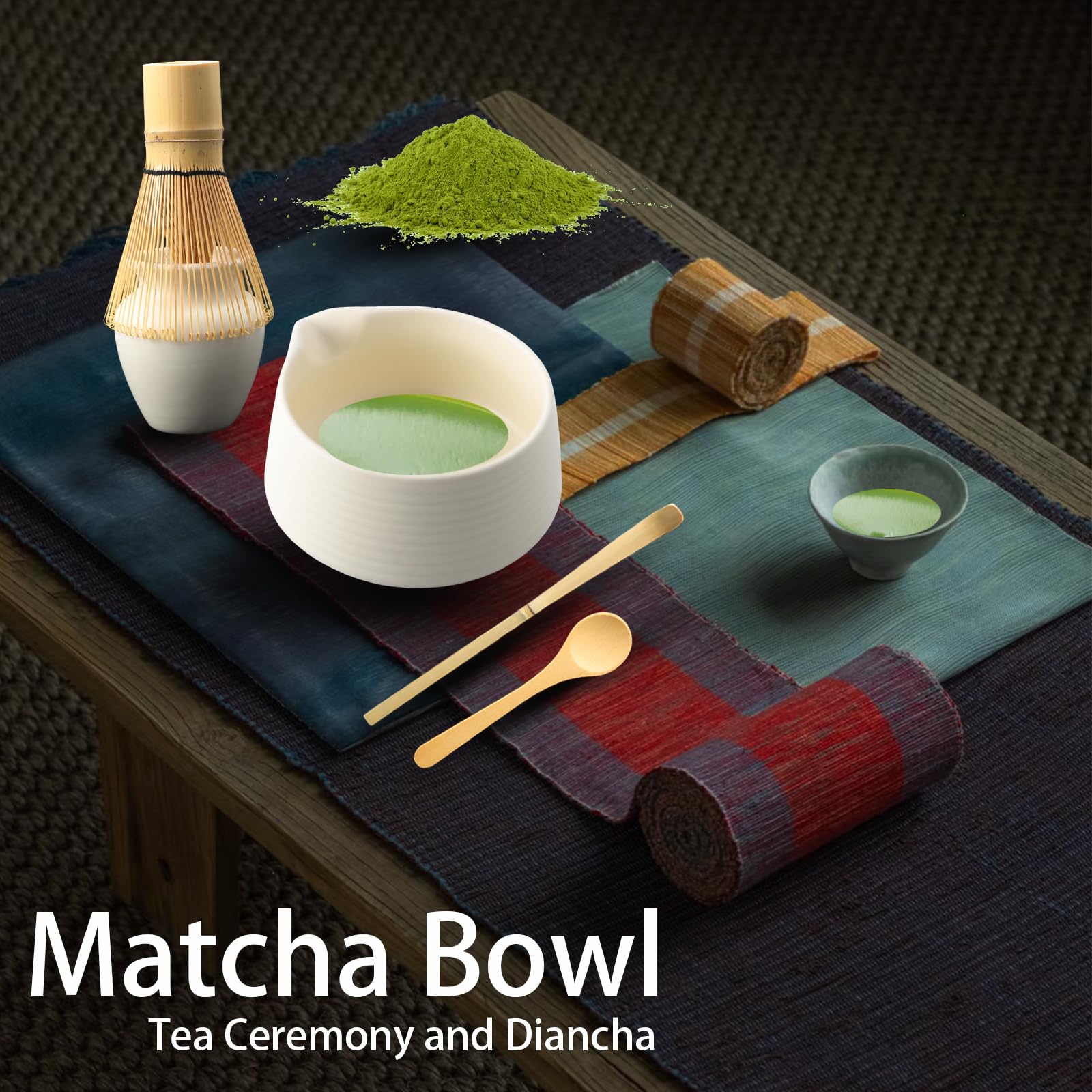 Set Matcha 9 Pezzi Bianco Opaco – Kit Cerimonia del Tè Giapponese con Ciotola con Beccuccio Frusta in Bamboo 2 Cucchiai Chashaku Pesce Supporti Chakin e Filtro