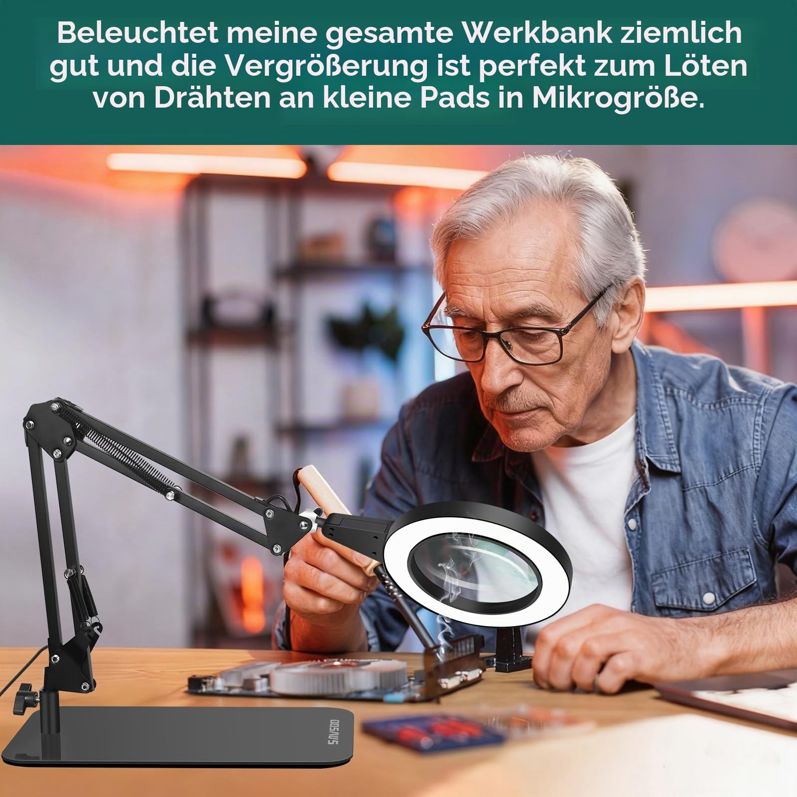 Lupenlampe mit Fuß & Klemme, Rund Lupe mit Licht, Touch-Steuerung | 2-in-1 Flexibilität,6D Glaslinse, Lesen & Handarbeit, gleichmäßiges LED-Licht für entspanntes Arbeiten