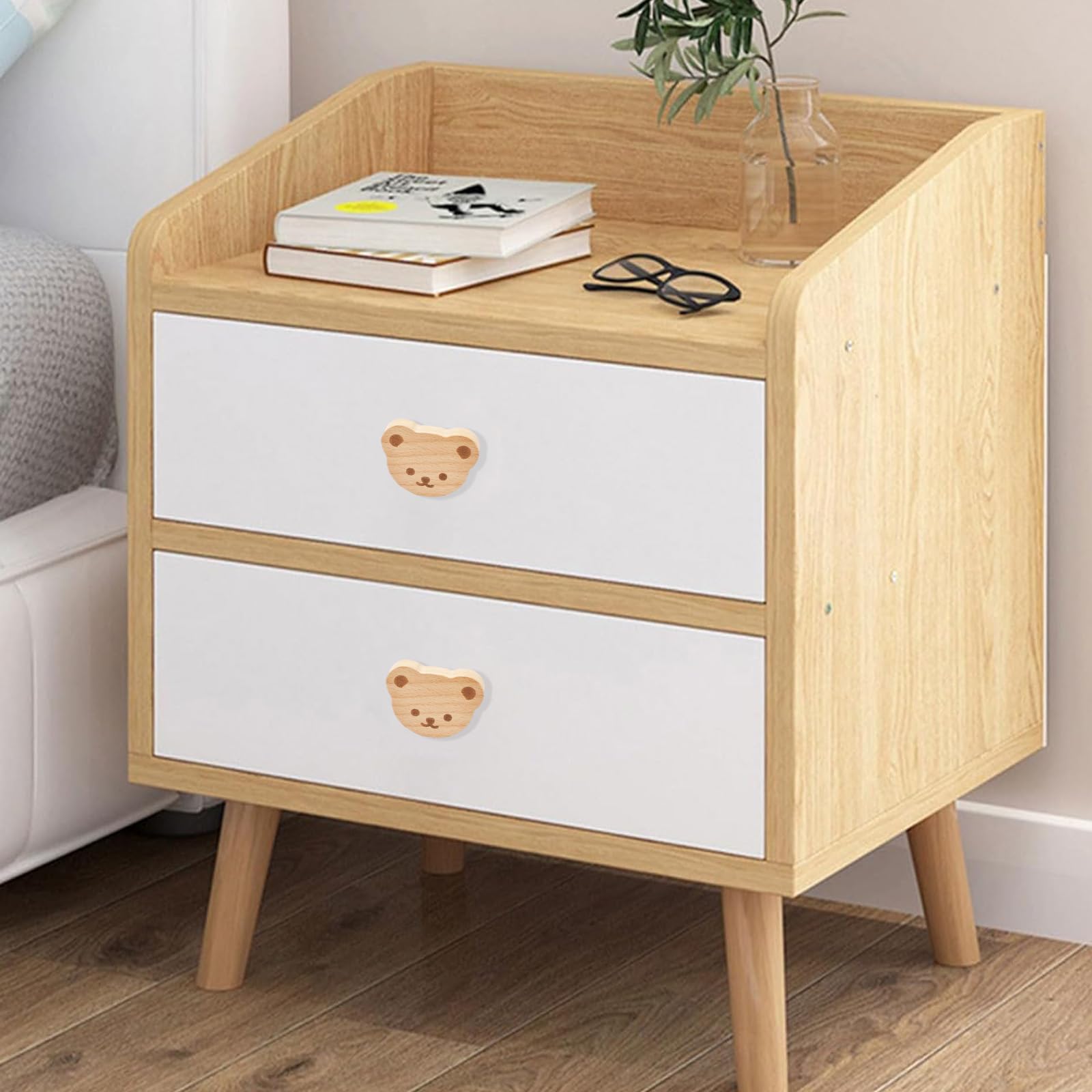 MOROBOR 4 piezas de pomos de madera en forma de oso con un solo orificio, asas de madera de haya para armario de madera, pomos de madera para cajones de cómoda con tornillos y tubo de expansión