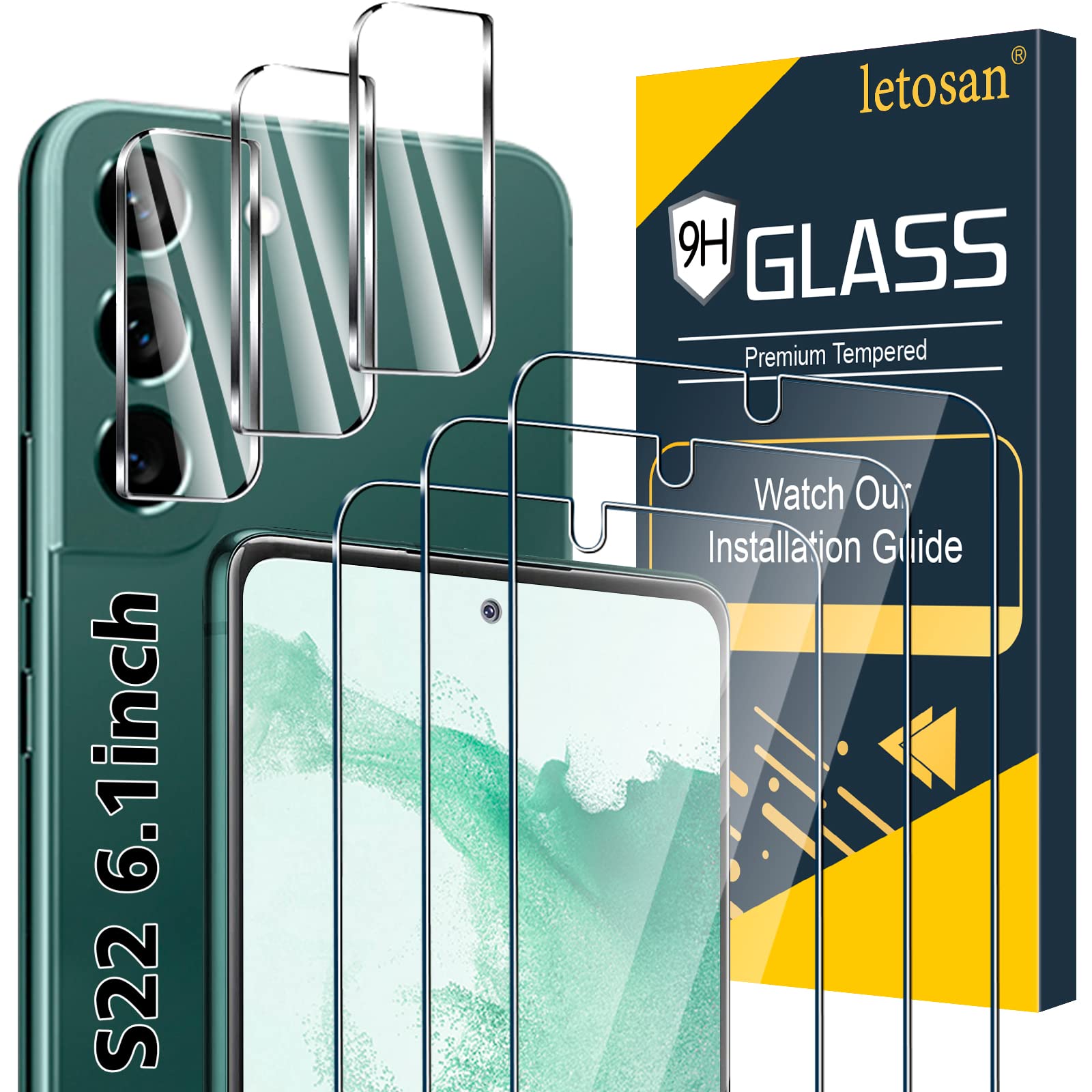 [3+3 Pack] Glass Screen Protector for Samsung Galaxy S22 5g, 9H Tempered glass, Ultrasonic Fingerprint Compatible, HD Clear, Case Friendly for Galaxy S22 glass Screen Protector