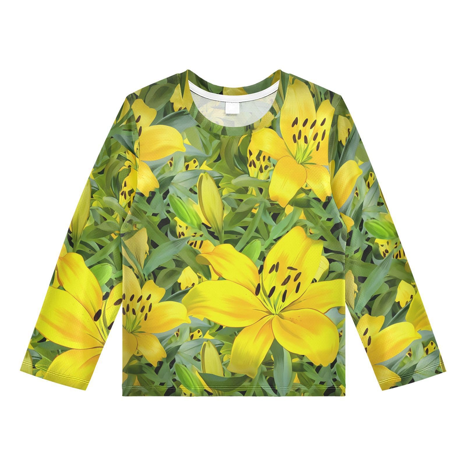 Yellow Flower Green Leaves Rash Guard Shirt for Boys Sun Protection Shirt for Swimming Pool Beach UPF50+ 7-8T