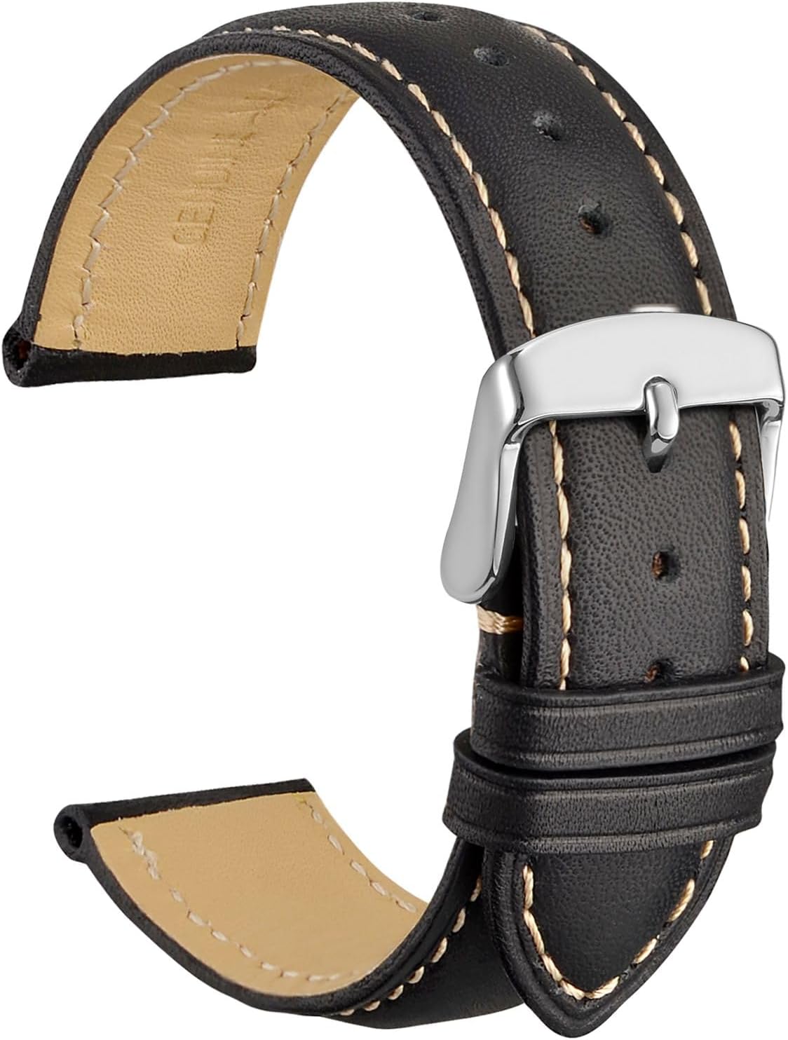 WOCCI 20mm Vintage Leather Watch Band for Men and Women, Silver Buckle (Black/Contrasting Stitch)