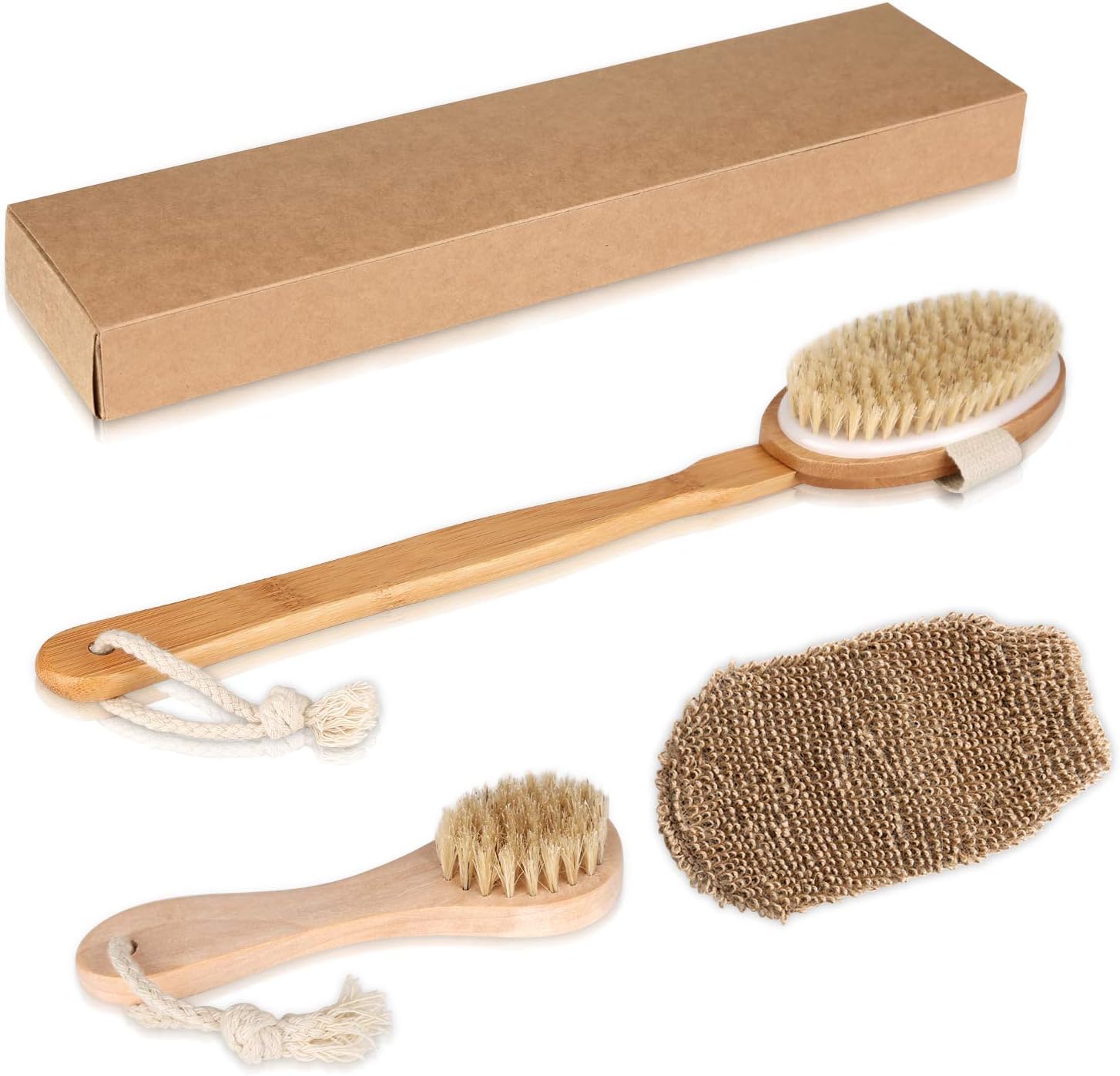 Bath Shower Brushing Premium Dry Body Brush Scrubber Set-Long Handle Solid Wood Body Brush+Short Handle Face Brush+Plant Fibres Bath Gloves(Gift Box)