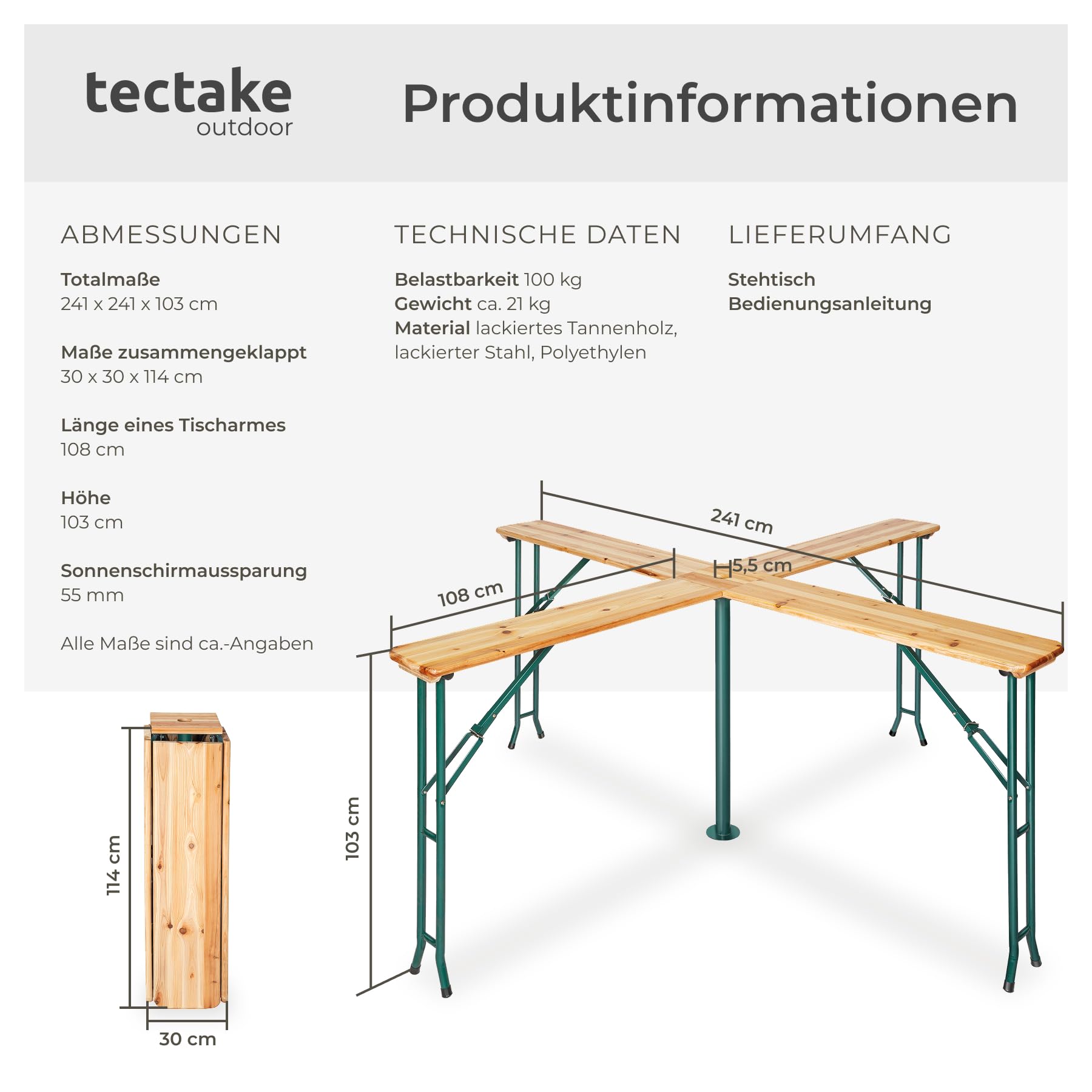 tectake® Stehtisch Quattro als Bierzeltgarnitur, XXL Biertisch aus Holz, klappbar, Outdoor Klapptisch mit Sonnenschirmhalterung, wetterbeständiger Gartentisch, Platz für 20 Personen, robust und stabil