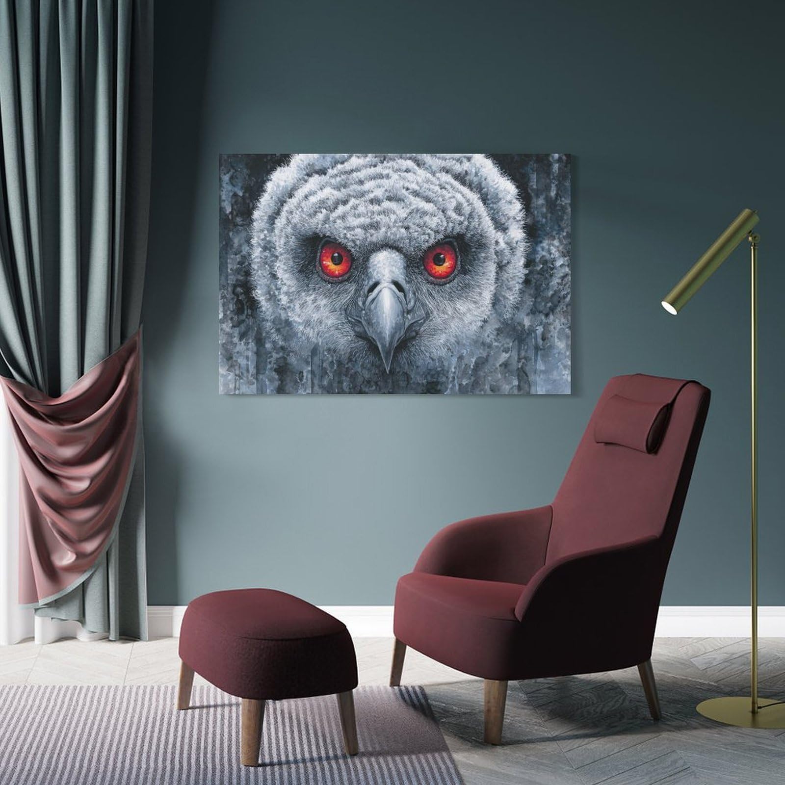 Junmoney Wall Art Print Intense Owl Portrait with Red Eyes, 24x36inch(60x90cm), for Bedroom Decor, Cosy Corners Or Studios, Decorative Wall Art for Cosy Rooms