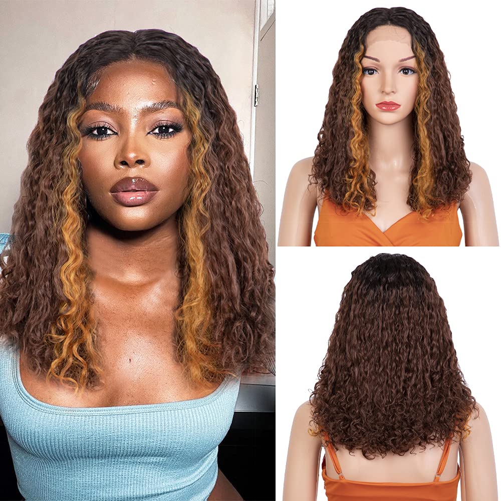 NOBLE STAR Brown Curly Bob Lace Front Wigs for Women 16 inches Dark Roots T Part Lace Front Bob Wigs Super Soft Bio Hair Synthetic Wig for Daily Party Cosplay Use