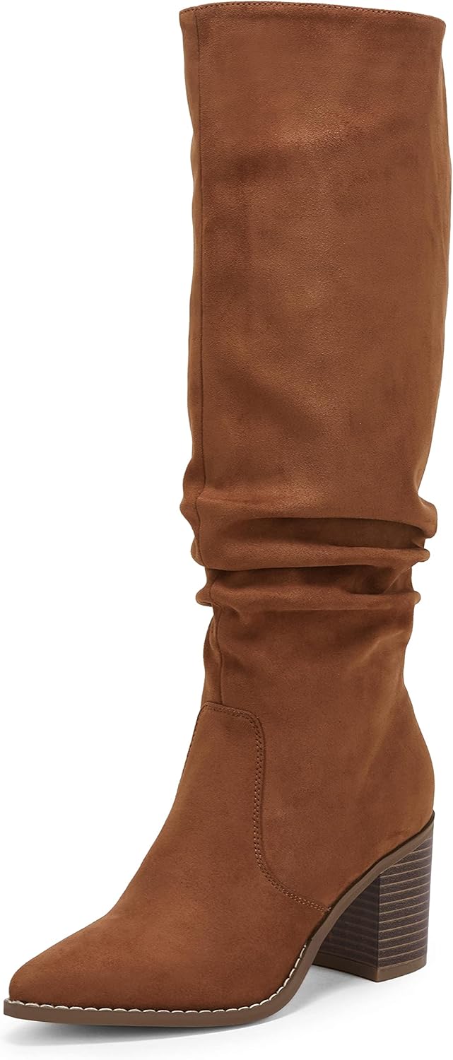 Size 7 Huiyuzhi Womens Pointed Toe Mid Chunky Heel Side Zipper Knee High Boots Tall Booties