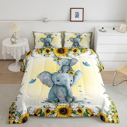 Miniatura 1 de Juego de edredón de elefante gris, tamaño Queen, decoración de habitación kawaii, juego de ropa de cama de animales del bosque de dibujos animados