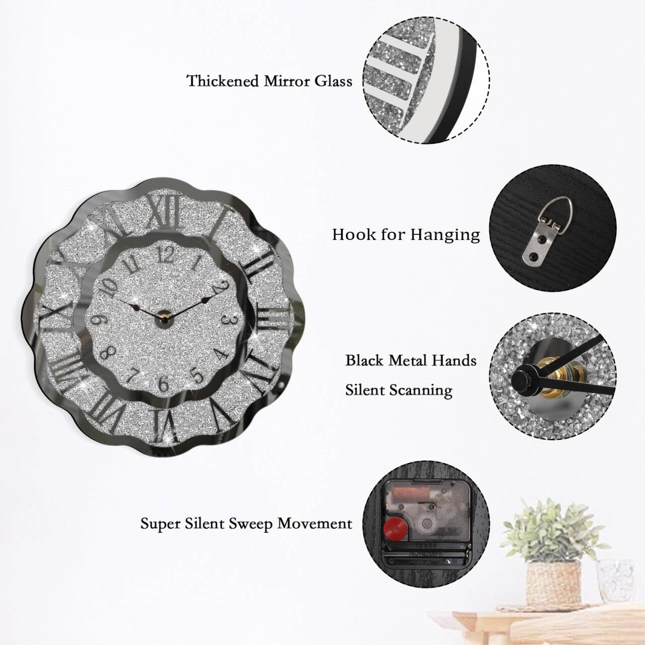 Reloj de pared con espejo de diamante triturado, reloj de cristal plateado moderno para dormitorio, decoración única para el hogar, espejo de cristal, para sala de estar, oficina, comedor