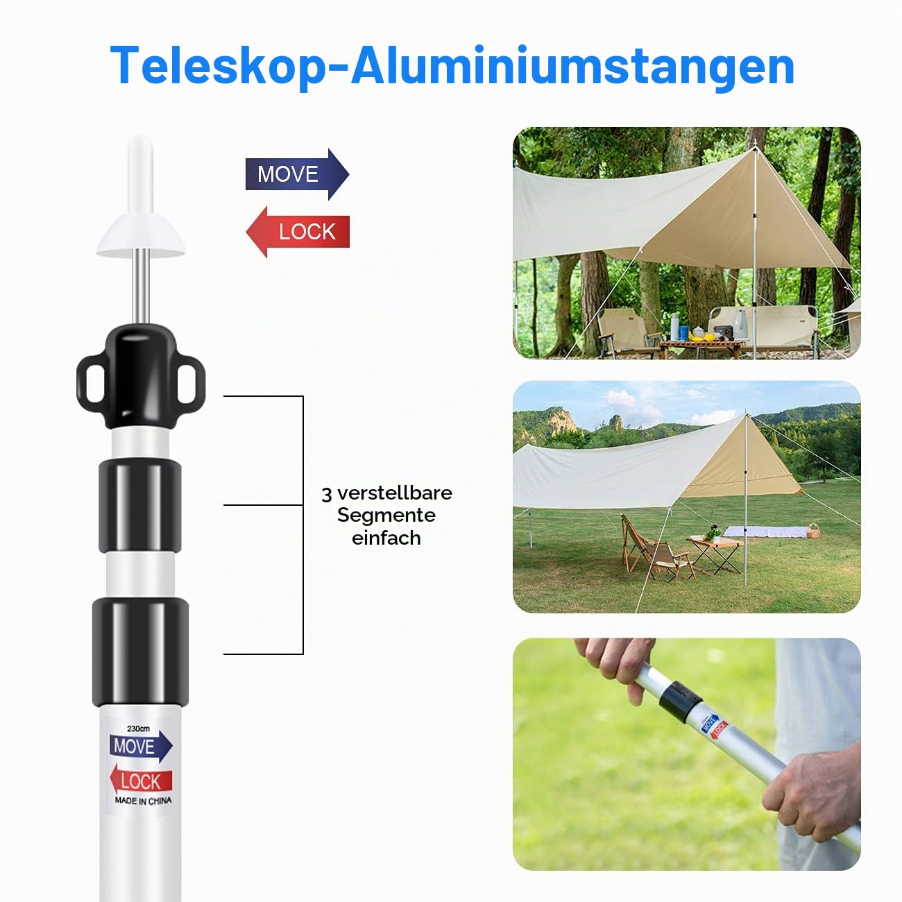 LAMA 2 Stück Teleskopstange mit 6 Zeltnägel 6 Seilen für Zelt Tarp 0.9m-2.3m Teleskop Zeltstange Alu Tarpstange Zeltstange Aufstellstange Stützstange Campingstange für Vorzelt Wohnwagen Camping Planen Sport & Freizeit