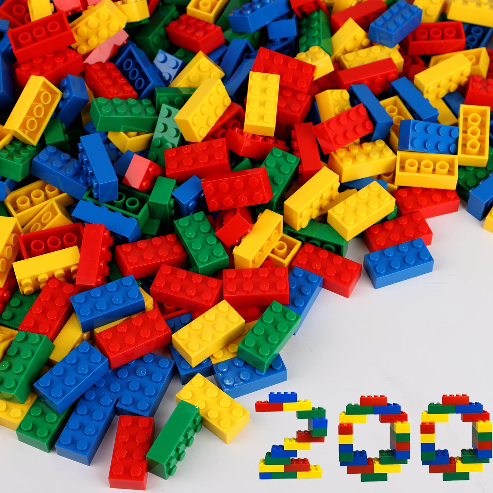 200 pezzi di mattoni da costruzione classici, 2x4 blocchi di costruzione STEM creativi giocattoli da costruzione, rosso, giallo, blu, verde