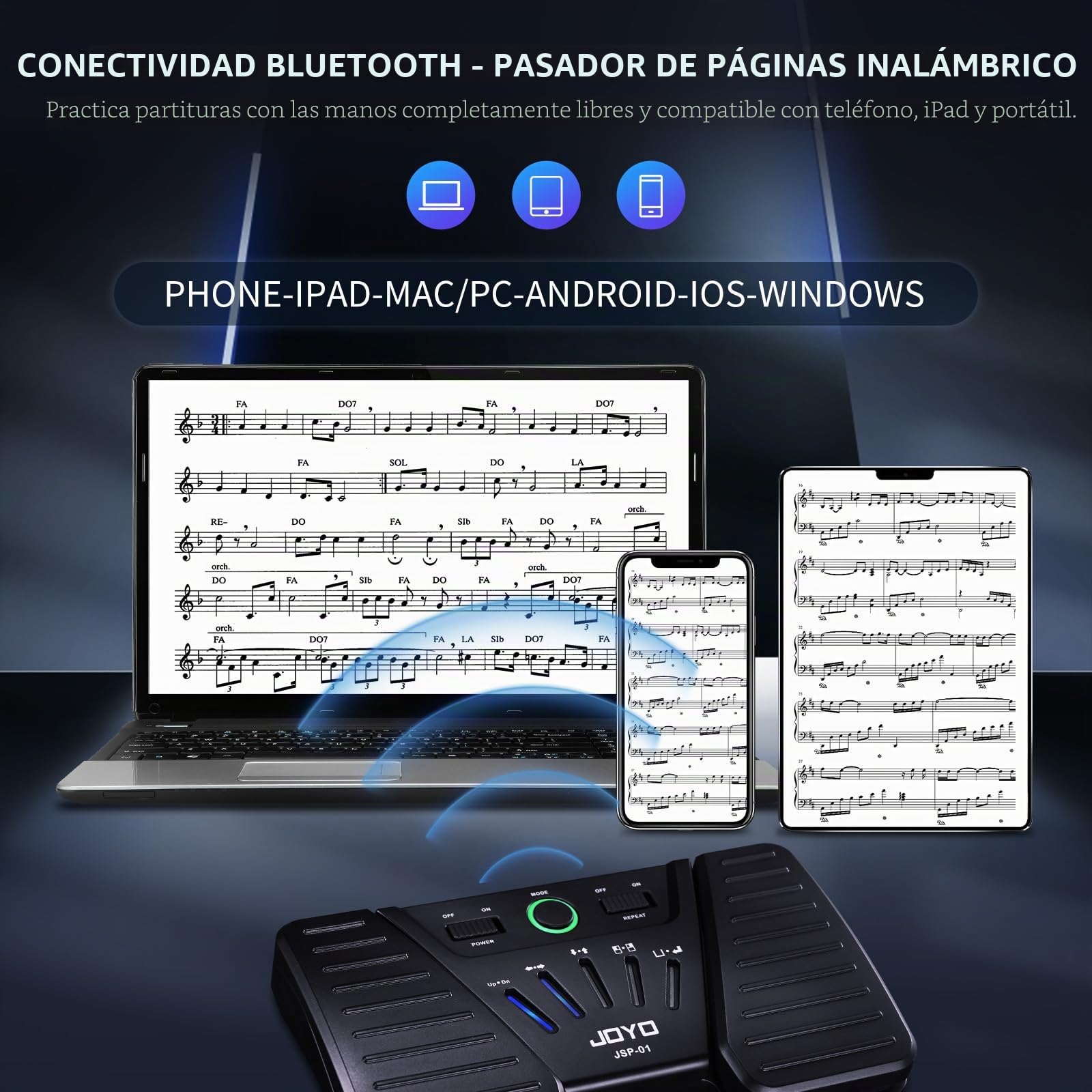 JOYO Pedal de giro de página con Bluetooth, recargable, inalámbrico, pedal de giro de página, controlador de lectura de partituras para tabletas, teléfonos, iPad (SP-01)