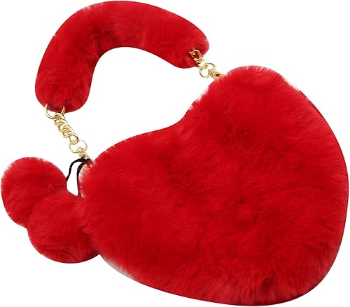 Miniatura 2 de Bolso de mano de piel sintética con forma de corazón para mujeres y niñas, bolso de hombro de felpa con correa de cadena de metal, Rojo -, Portátil