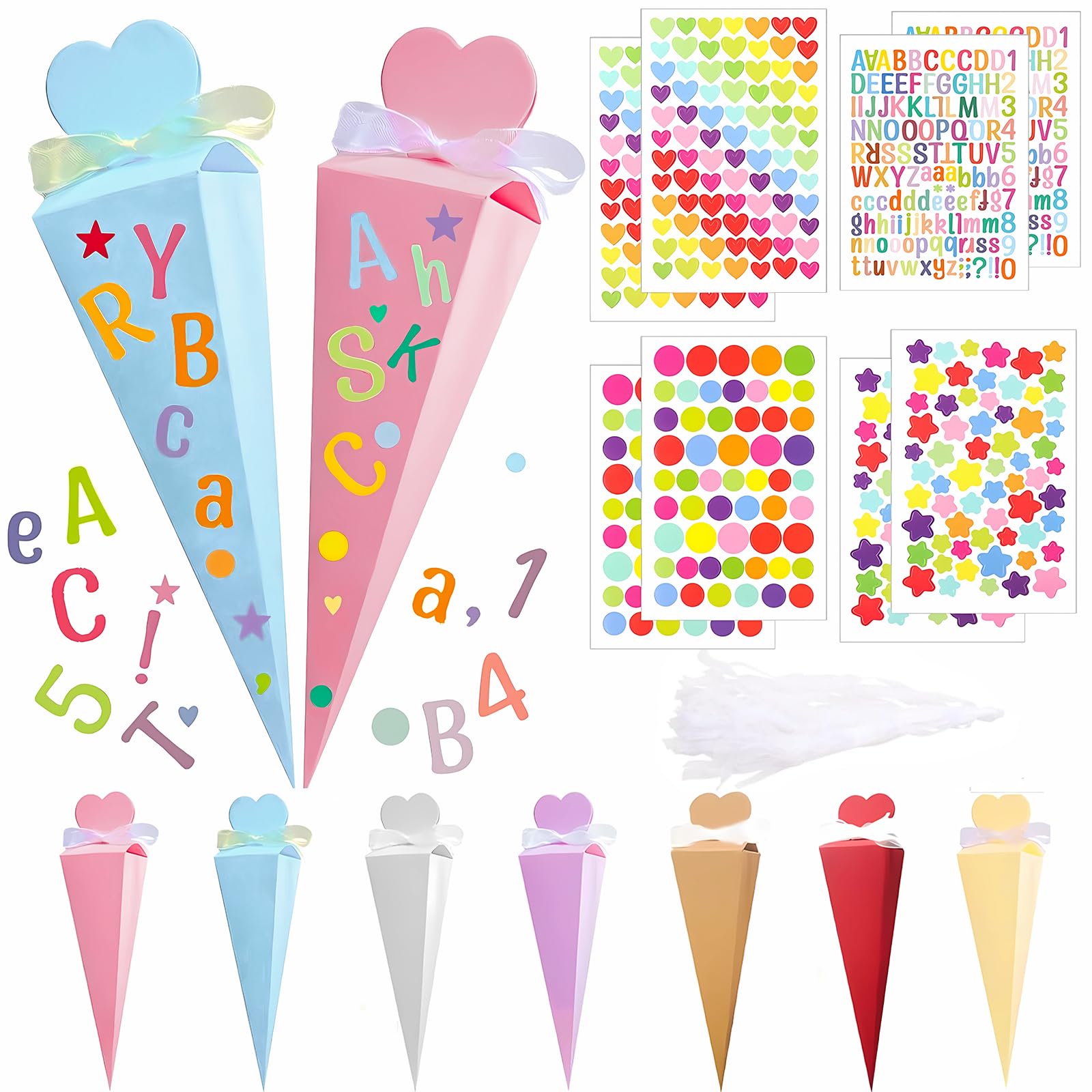 Cornet de Bonbons Forme Cônes Sac Cadeau 35 Pièces avec 16 Autocollants