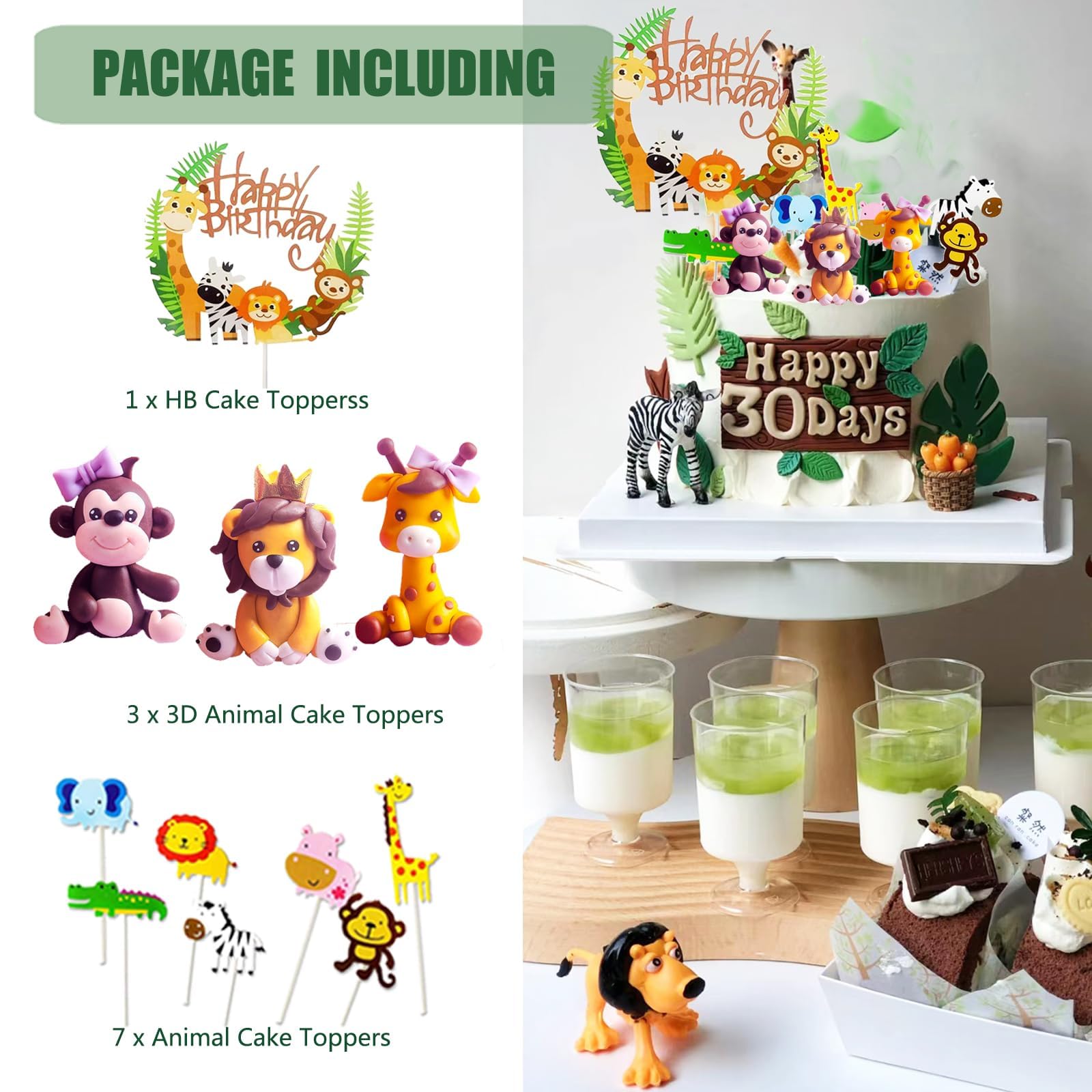 Tortendeko Set Waldtiere – 3 Tierfiguren, Blatt, Bäume & Wolken – Wiederverwendbar Für Kindergeburtstag