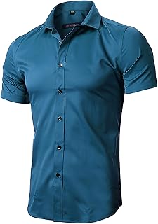FLY HAWK - Camisas de vestir para hombre, ajustadas, de fibra de bambú, manga corta, elásticas, casuales y con botones