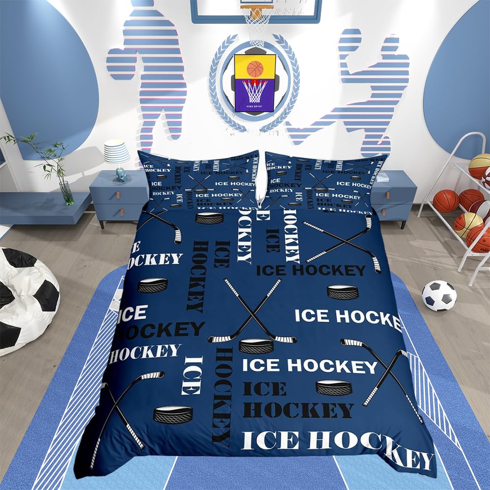 Homemissing Boys Ice Hockey Duvet Cover King Size Sports Hockey Pucks Print Bedding Set for Kids Teens Girls Ball Gamer Decorations Comforter Blue Comforter Cover Bedroom All Season 2 Pillowcases โ image 1