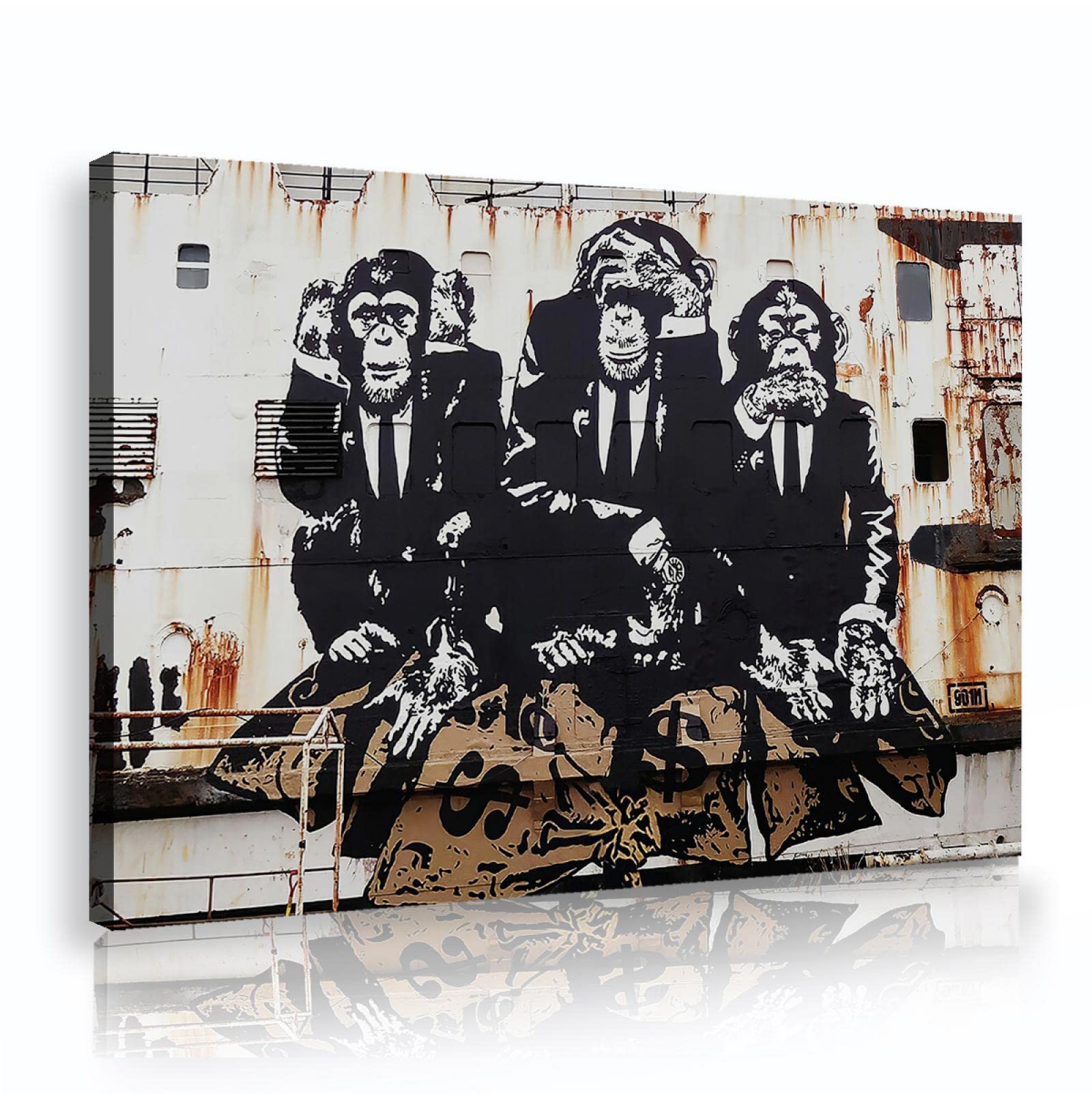 YUNART Stampe d'arte su tela vintage 3 scimmie sagge graffiti Banksy tela arte della parete uomo gorilla stampe poster per soggiorno camera da letto Home decor 45x68cm Innerframe