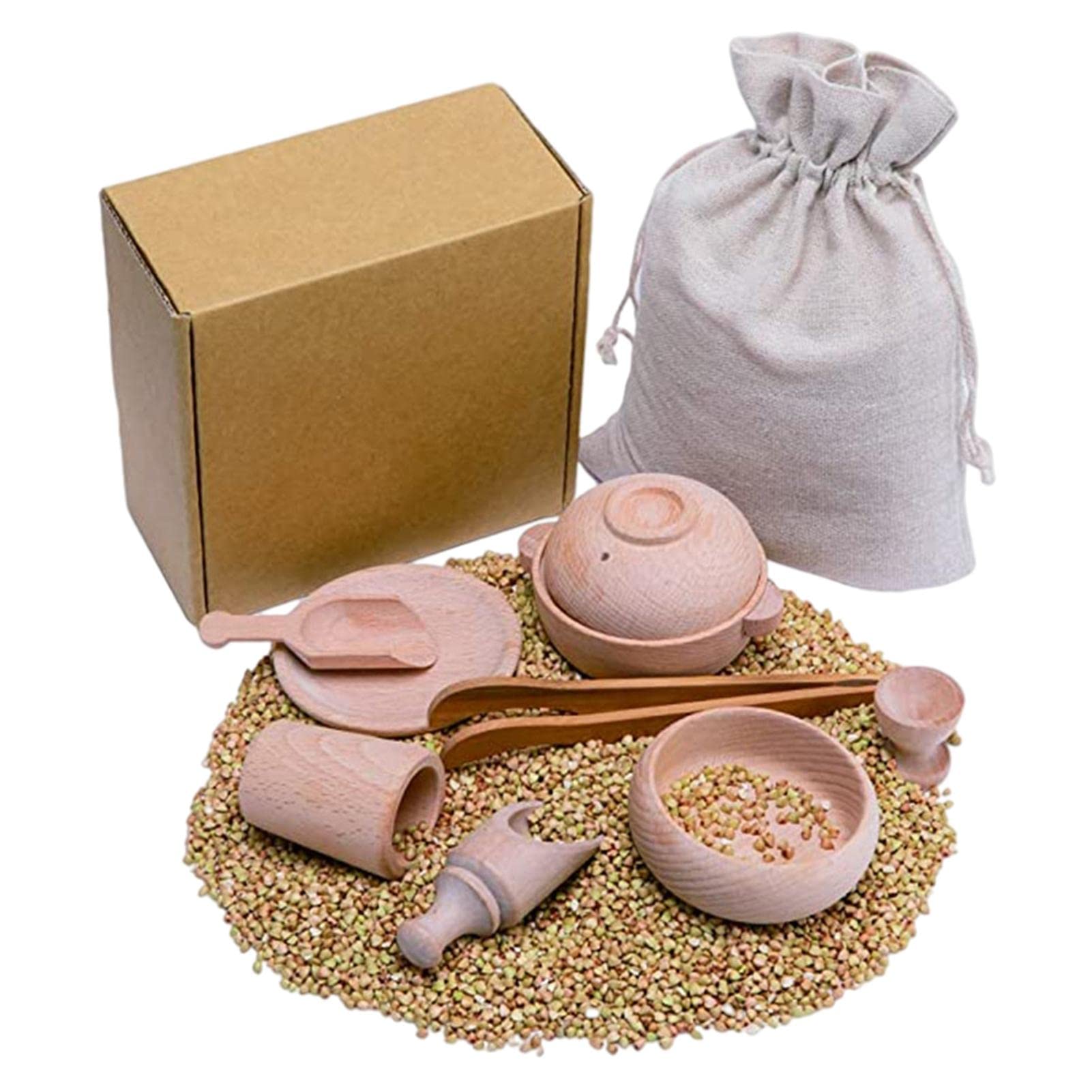 xiaohuangrenWooden Sensory Bin Tools, 9 Pcs Wooden Waldorf Toys, Montessori Toys, Dish Scoops Tongs Cup Kitchen Tableware Toys Set For Fine Motor Skills Development