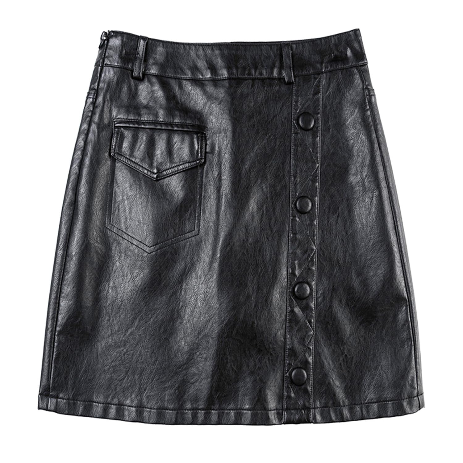 Jupe Simili Cuir Mini A-Line Jupe Cuir Fermeture Éclair Femmes Jupe évasée Plissée Solide Jupes Patineuses Courtes Grande Taille Short Décontracté pour Femme Rétro Bouton