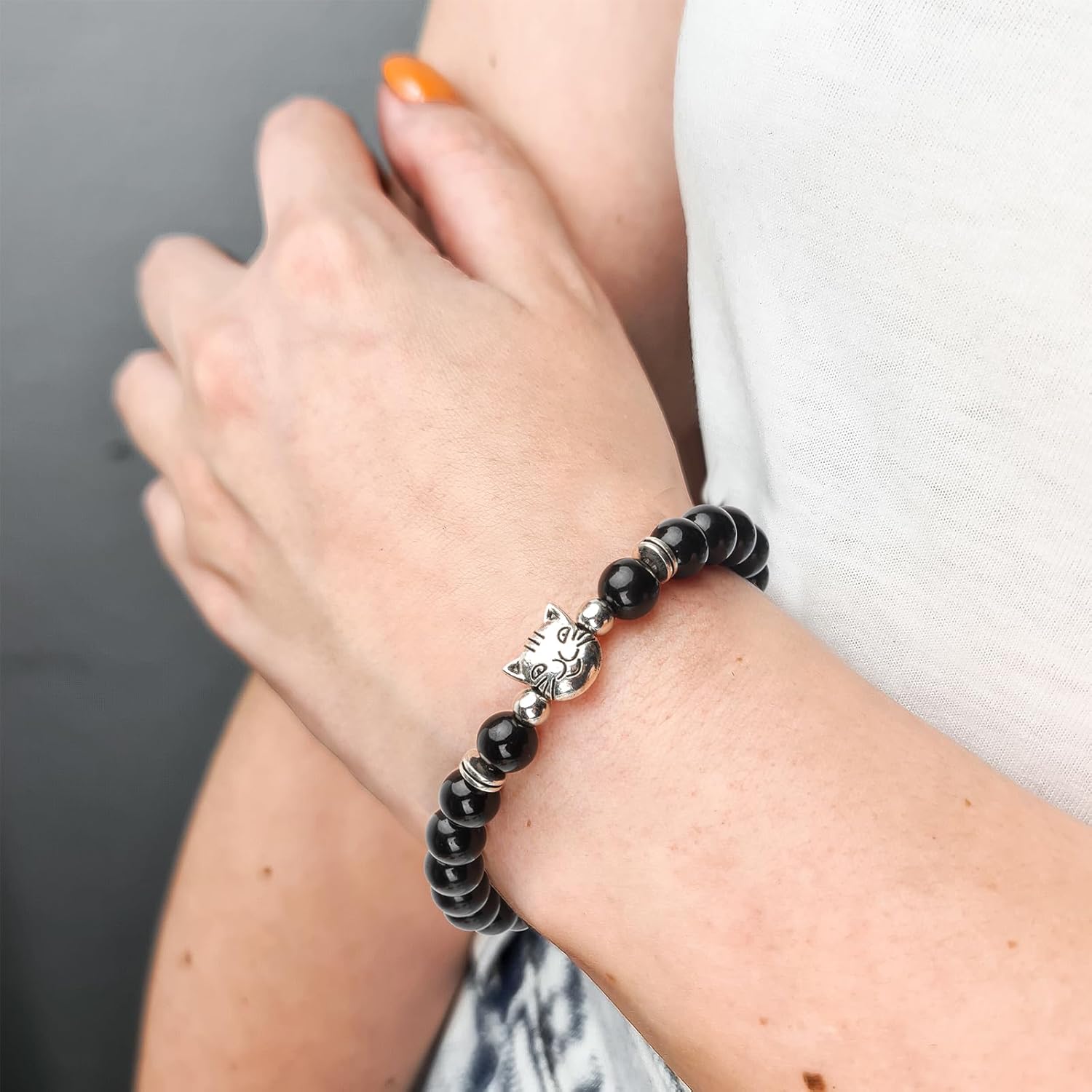 createreedo Cat Lover Gifts, Cat Bracelets for Men Women, Cute Cat Charm Beaded Bracelet Cat Jewelry with Gift Box for Women Tabby Cat Tuxedo Cat Lover Crazy Cat Lady Cat Mom - Image 5